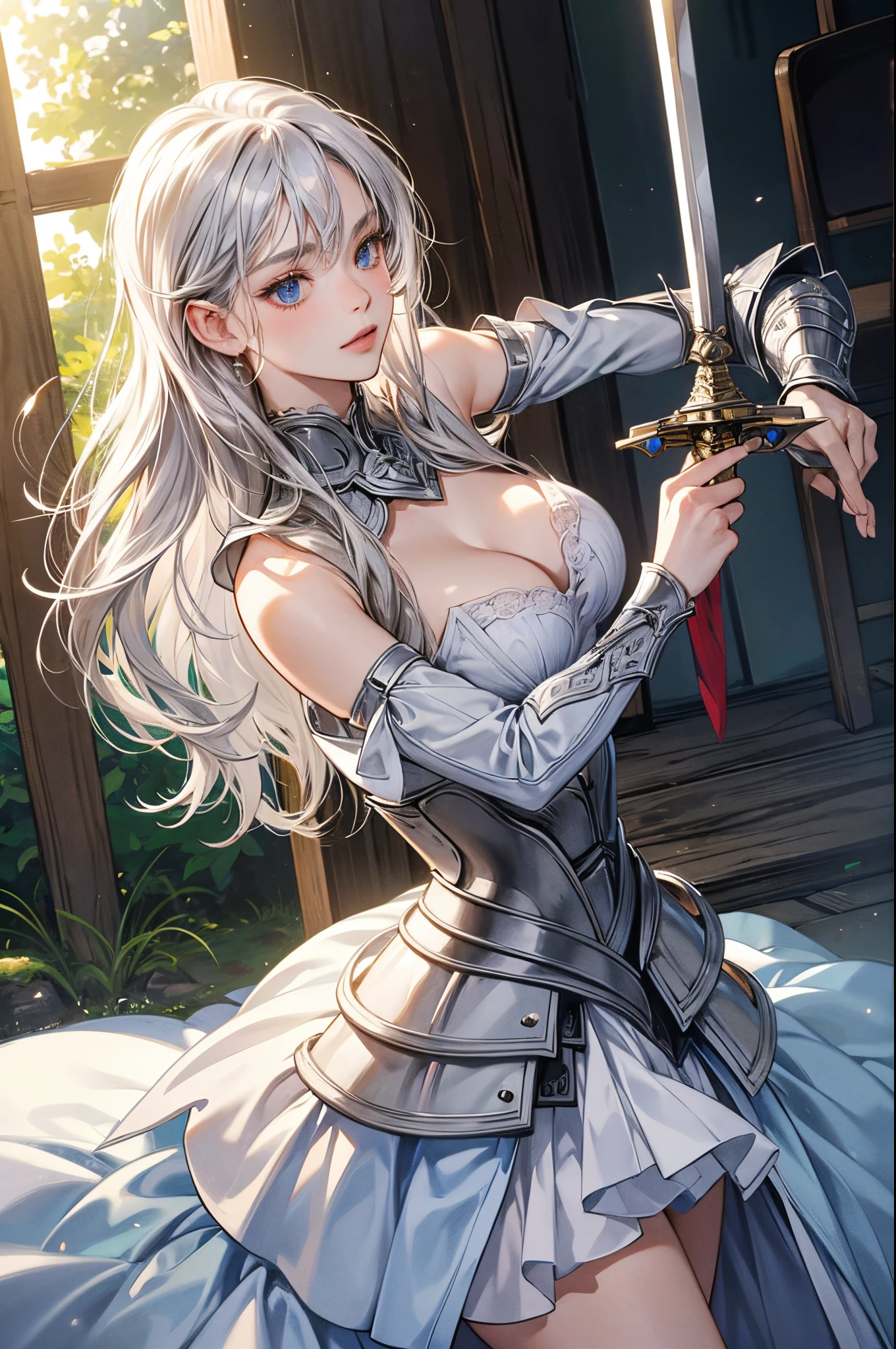 ce、ultra-detailliert、High resolution,Perfect Anatomy),(natural soft light:1.2),Detailed beautiful face and eyes,shoot from front,cowboy shot,(focus 1woman,solo:1.2),20-year-old beauty,silver hair,,long hair,blue eyes,(skinny:1.2,ideal ratio body proportions:1.2,medium breasts),Woman knight、s Armor、skirt by the、Hold your sword、Fight monsters、in woods:1.5,