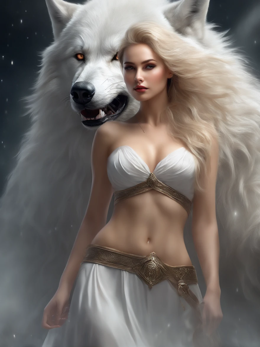 (tmasterpiece), (topquality), (more detailed), (8K), (电影灯光), (Sharp focus), (Precise Anatomy), (photorealestic:1.5), (Fantasy art), Epic Movie Poster, Beautiful woman and white wolf, beautiful girl raised by a white wolf, next to the wolf, The wolf approaches the viewer with a kind muzzle, Meeting face to face, A girl with a beautiful face, NSFW Girl, dressless,  Detailed face, Happy Look, perfectly proportional breasts, big breastes, skinny waist, bellybutton, large tities, thights, blond hair, blonde woman, hairlong, the girl is girded with a silver thread, Wolves have a large body, ferocious, (Correct anatomy), (A sense of speed:0.8),(Background Blend:0.8), (Windy storms:1.1), dramatic  lighting, thick fog, Fog of the Abyss, universe, Orion Nebula, star universe, Very bright morning sunlight,