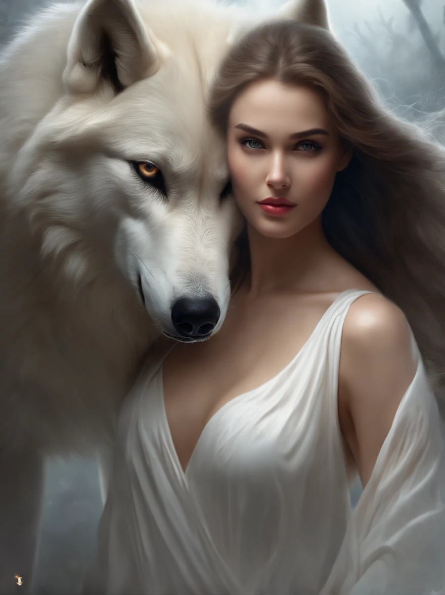 (tmasterpiece), (topquality), (more detailed), (8K), (电影灯光), (Sharp focus), (Precise Anatomy), (photo realism:1.5), (Fantasy art), Epic Movie Poster, Beautiful woman and white wolf, beautiful girl raised by a white wolf, next to the wolf, The wolf approaches the viewer with a kind muzzle, Meeting face to face, A girl with a beautiful face, NSFW, NSFW, dressless, naked ass, Detailed face, Happy Look, perfectly proportional breasts, big breastes, skinny waist, bellybutton, large tities, thights, blond hair, blonde woman, hairlong, the girl is girded with a silver thread, Wolves have a large body, ferocious, (Correct anatomy), (A sense of speed:0.8), (Background Blend:0.8), (Windy storms:1.1), dramatic lighting, thick fog, Fog of the Abyss, universe, Orion Nebula, star universe, Very bright morning sunlight,