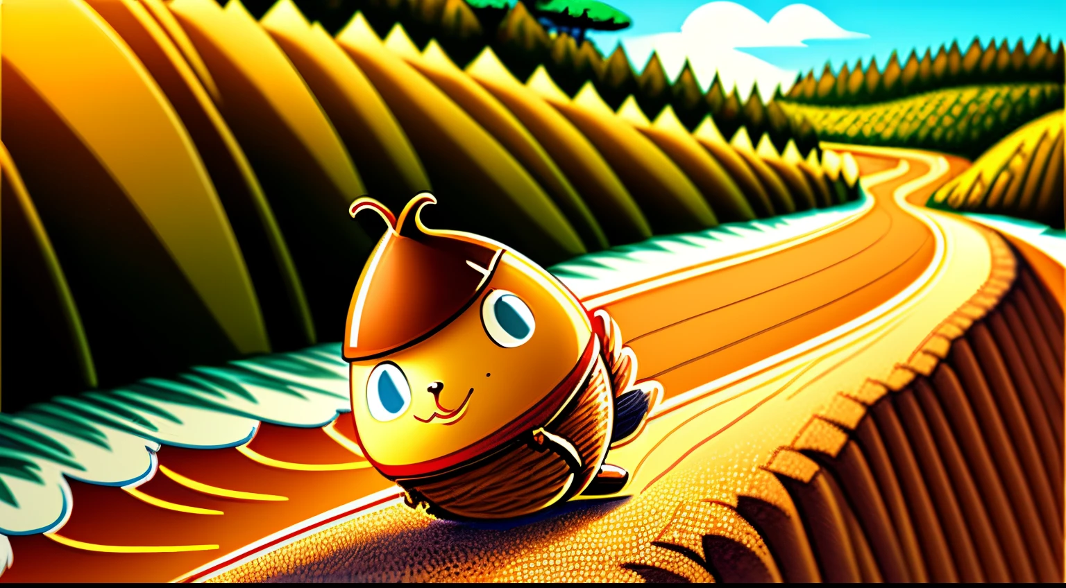 masterpiece, top quality comic-style colored illustration of an anthropomorphic acorn rolling down a slope. country road seaside on blurred background , 3D, 32K, full HDR, Real image,