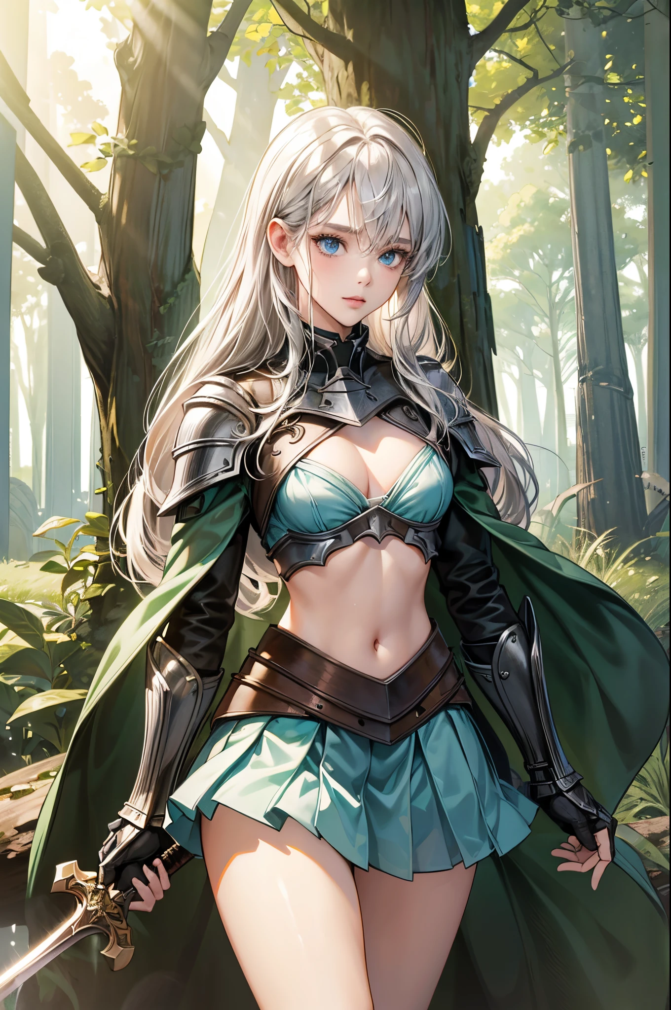 (Official art、Best Quality、Unity 8k Wallpapers、32K、 masterpiece、ultra-detailliert、High resolution,Perfect ???????),(natural soft light:1.2),Detailed beautiful face and eyes,shoot from front,cowboy shot,(focus 1woman,solo:1.2),20-year-old beauty,silver hair,,long hair,blue eyes,(skinny:1.2,ideal ratio body proportions:1.2,medium breasts),Woman knight、bikini-armor、Hold your sword、dynamicposes、Fight monsters、((.in woods:1.5))