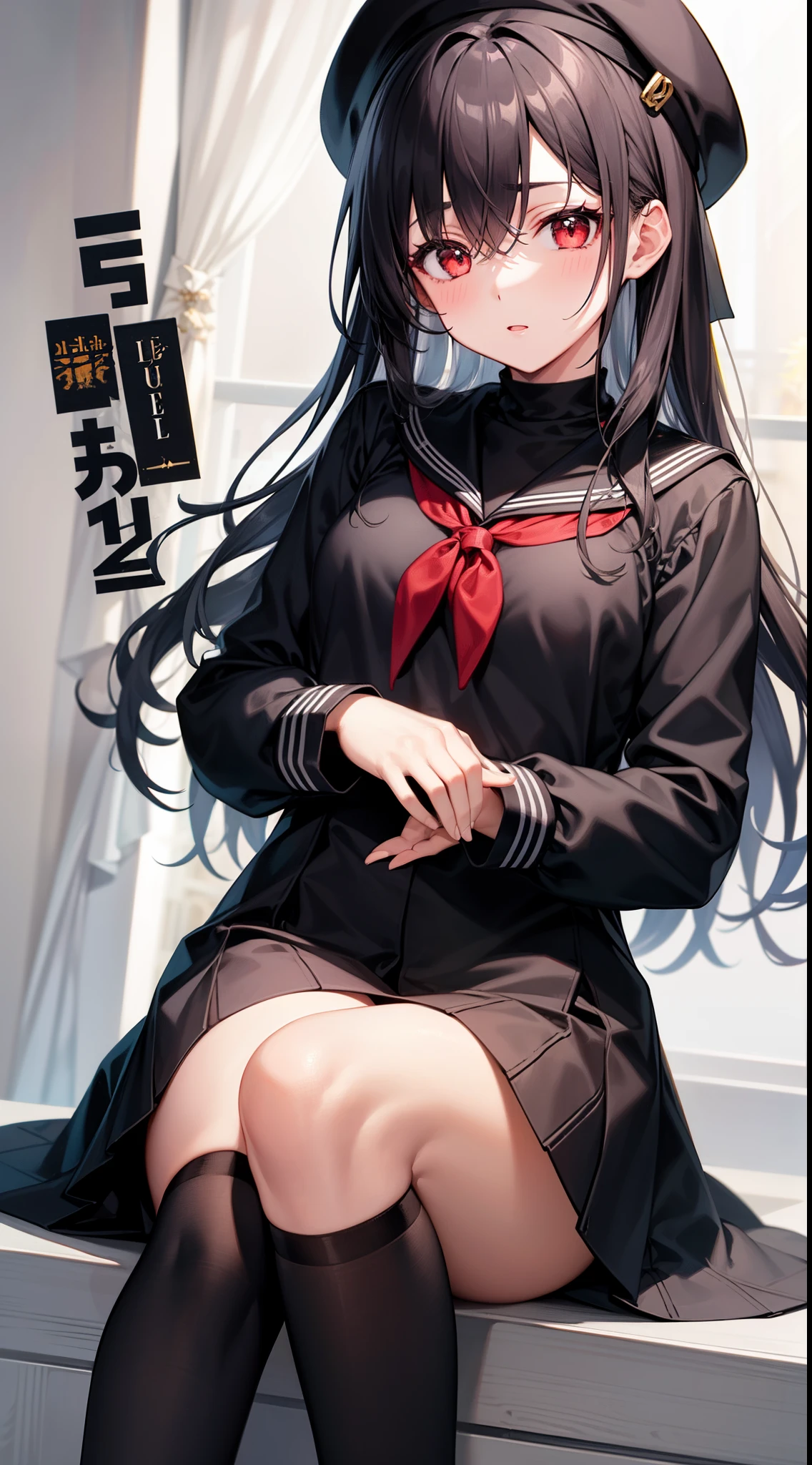 1girl,black long sleeves sailor suit,beret hat,cover eyes hair,black hair,eyebrows behind hair,red eyes