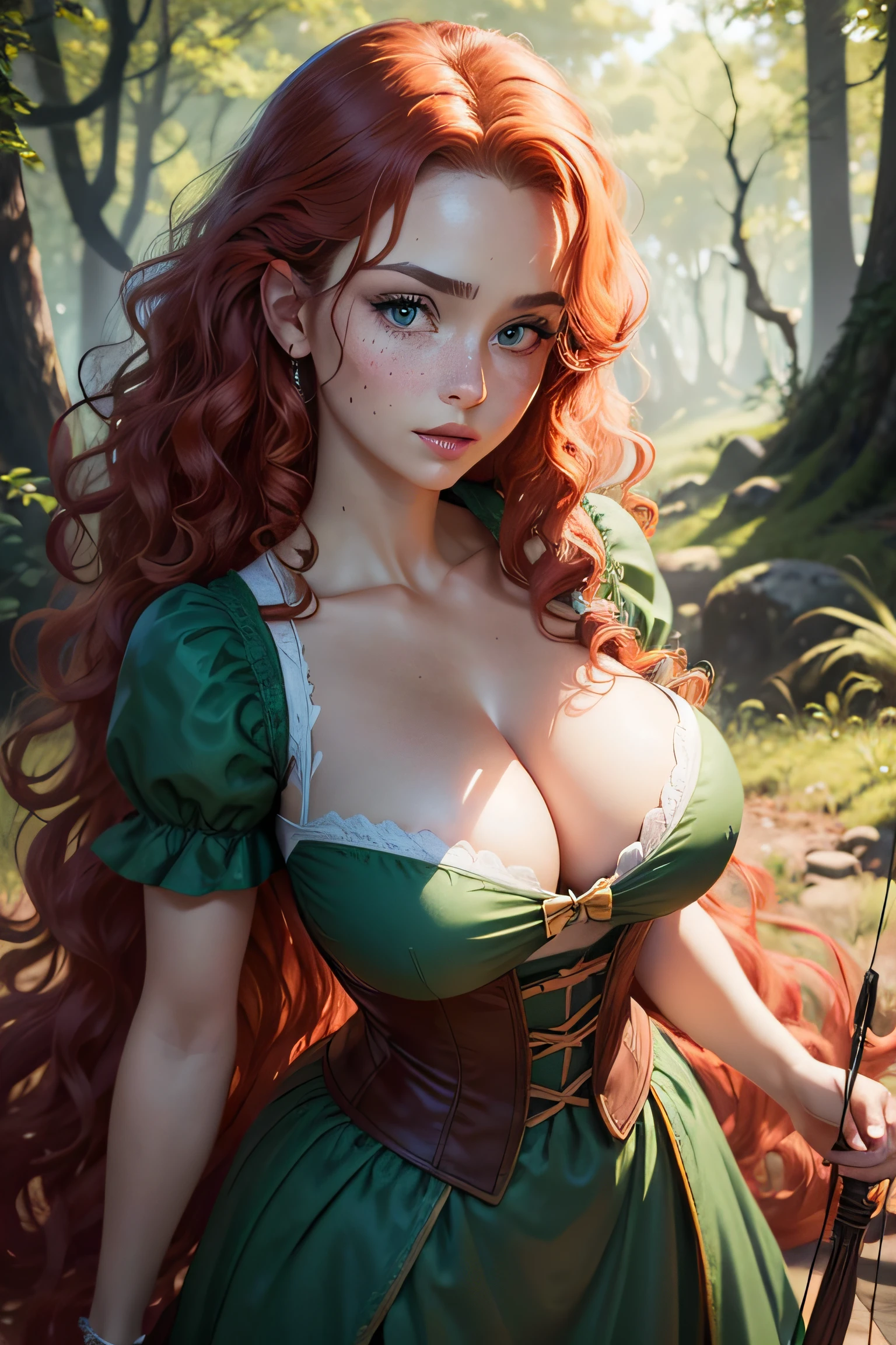 masterpiece, best quality, expressive eyes, perfect face, big eyes, looking at viewer, large breast, big breast, small waist, , Best Quality, Realistic, perfect figure, highly detailed, showing cleavage, dressed as merida from brave, Red curly hair, big hair, blue eyes, Green outfit, in the forest, bow and arrow, detailed dress, freckles on her face, cheek blush, big puffy hair, very curly