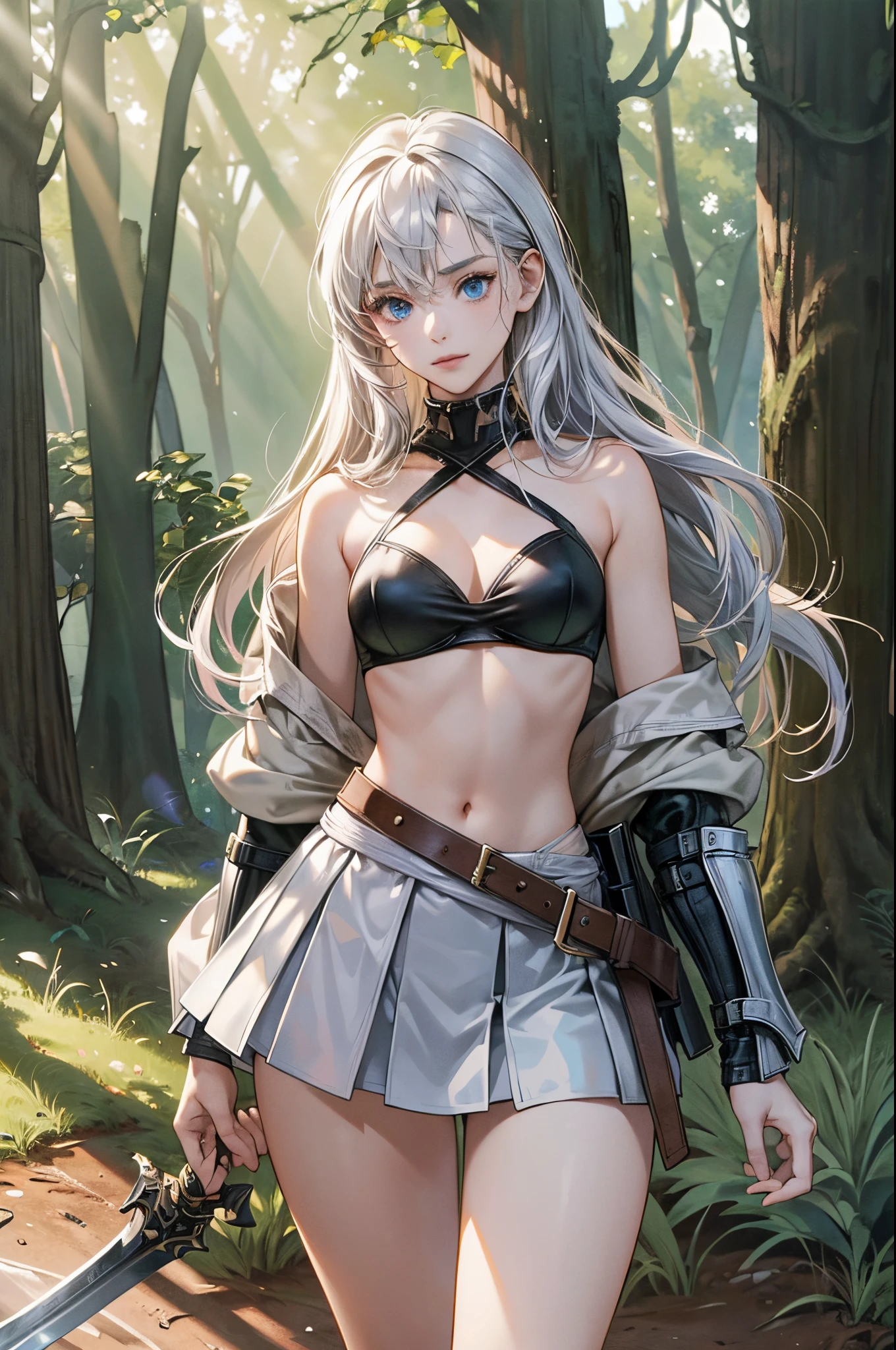 (Official art、Best Quality、Unity 8k Wallpapers、32K、 masterpiece、ultra-detailliert、High resolution,Perfect Anatomy),(natural soft light:1.2),Detailed beautiful face and eyes,shoot from front,cowboy shot,(focus 1woman,solo:1.2),20-year-old beauty,silver hair,,long hair,blue eyes,(skinny:1.2,ideal ratio body proportions:1.2,medium breasts),Woman knight、bikini-armor、a miniskirt:1.3、Hold your sword、Fight monsters、((.in woods:1.5))