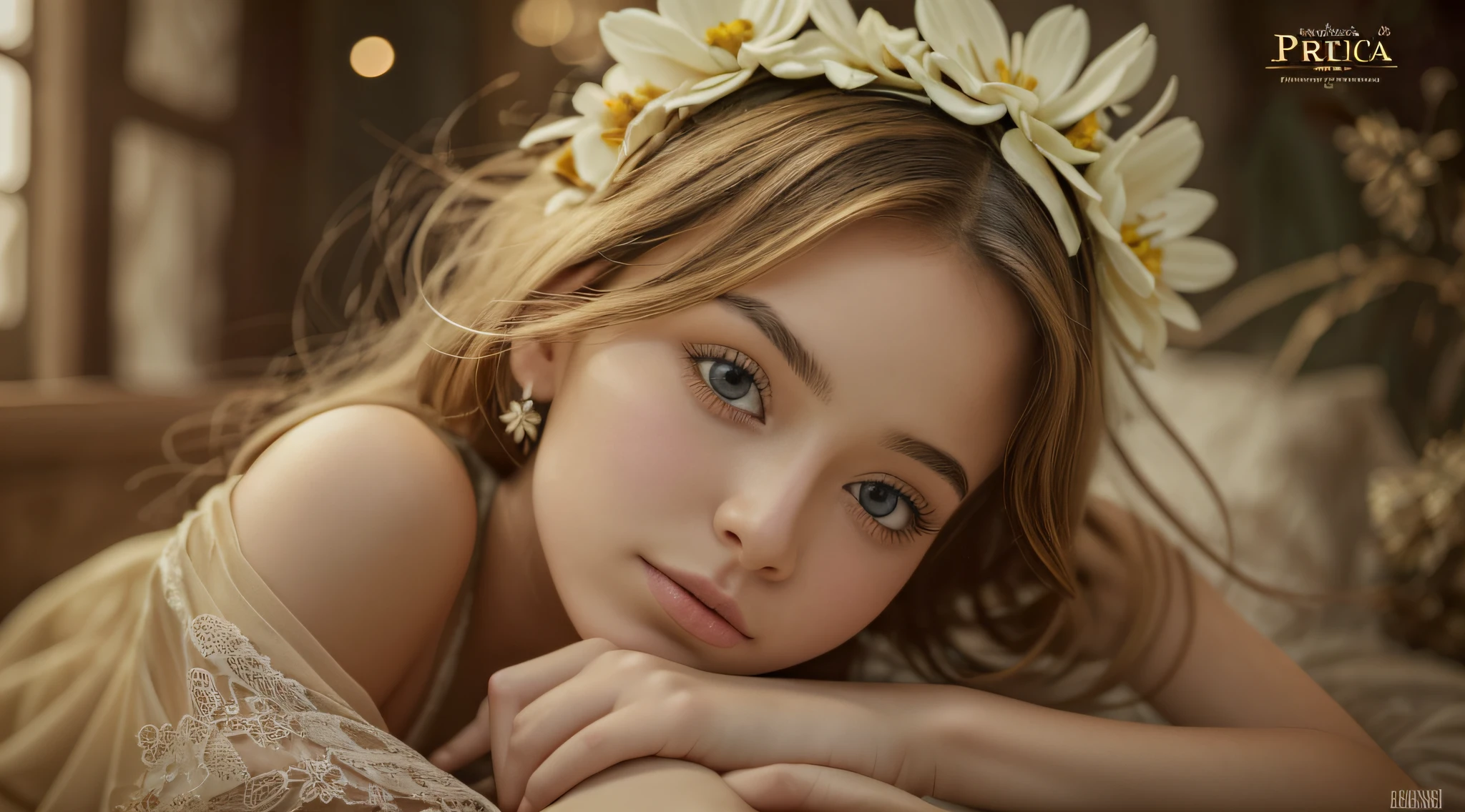 there is a young golden blonde with a flower in her hair, lovely languid princess, menina jovem bonito, rosto modelo de moda sonolento, flower child, Princesa Adormecida!!!!, girl with a flower head, menina jovem bonita, menina jovem e bonito, modelo jovem lindo, jovem, com olhos fechados, loiro - princesa de cabelo, sleepy expression, menina bonita, wearing a headband