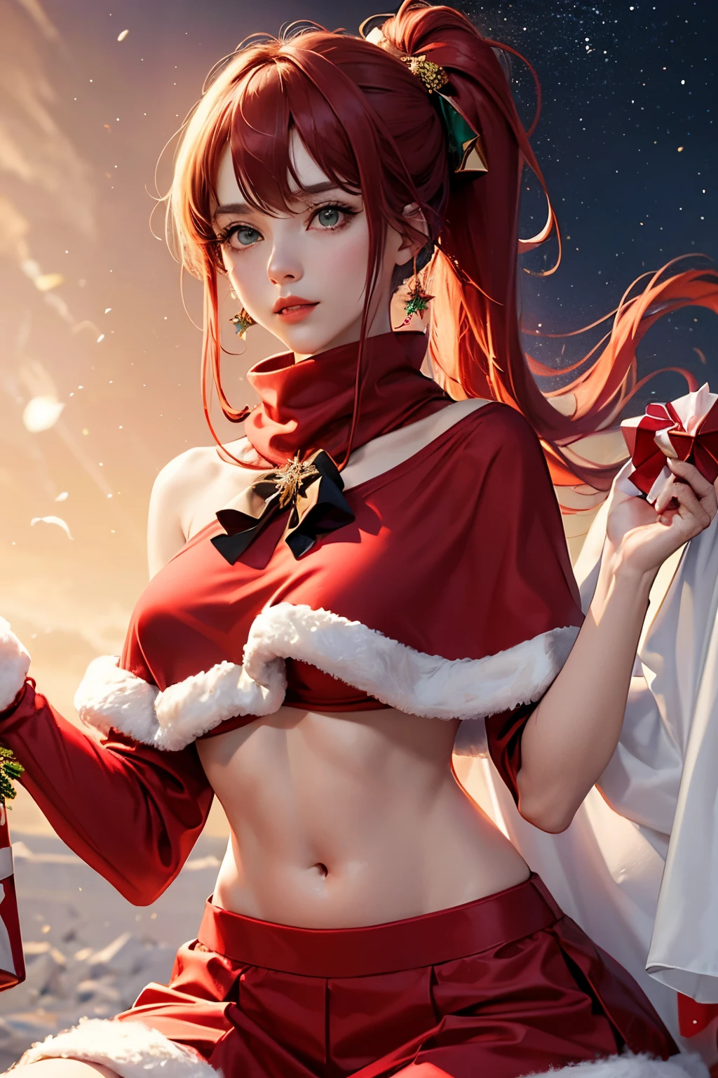 （ultra best quality、in 8K、masuter piece、delicate illustration）、Christmaeautiful santa claus woman、perfect body、Santa Claus Costume（long skirt type）(covered shoulder and neck) 、no bare shoulder or bare breasts, red scarf cover shoulder and neck, red and white jacket, red ponytail hairstyle、beautiful face, slim body,  red lips, big green eyes, Soft smile、Deliver presents by riding a reindeer、Santa Claus jacket