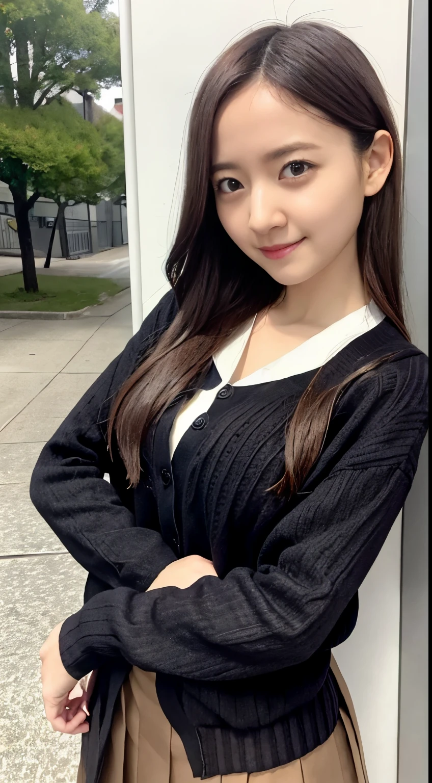 photo of a cute girl, wearing (crop-top:0.5) sailor uniform, long sleeve, half-cleavage, pleated green_skirt, beautiful black eyes, dark-brown_cardigan, brown hair, deep-color,
BREAK
outdoor, sunshine, in the street,