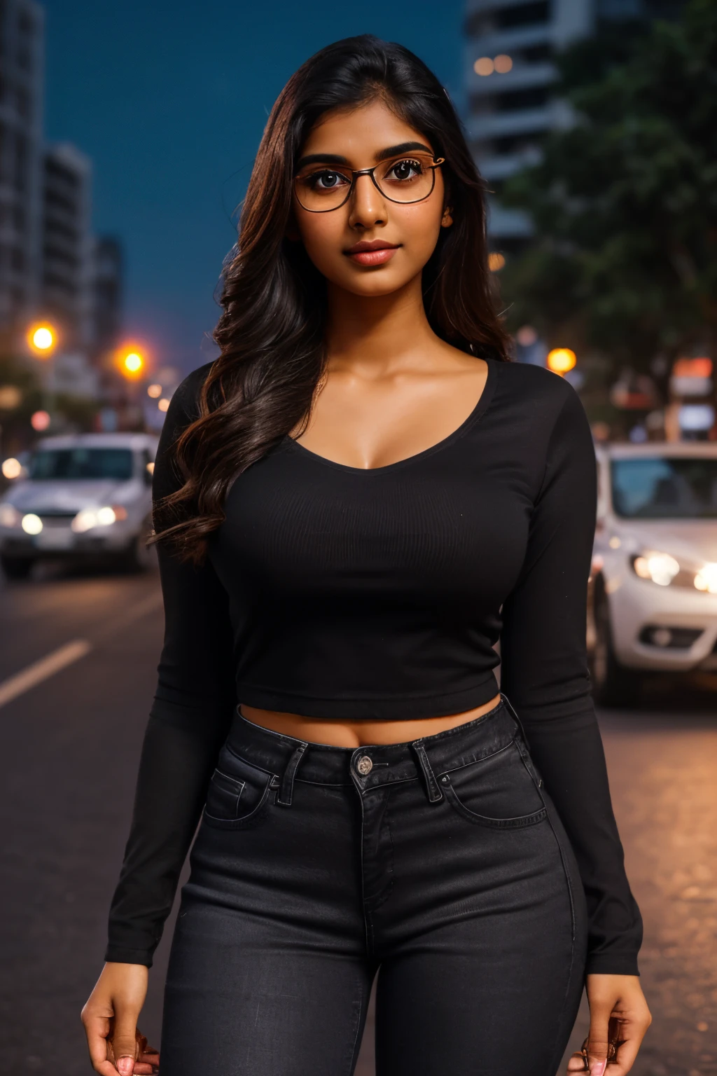 Nerdy indian girl, 20 year old, glowing honey eyes, glossy pink lips, lips parted, cute face, shining skin, backlit very long hair, (ultra detailed:1.6 face eyes nose ears lips curves skin anatomy body parts)(wearing:1.6 black choli, black jeans, thick black specs, sports shoes), standing in the busy city street, (background:1.6 street, people, skyscrapers, evening sky, vehicles, traffic signal), UHD, 64K, realistic , photorealistic, award winning photograph