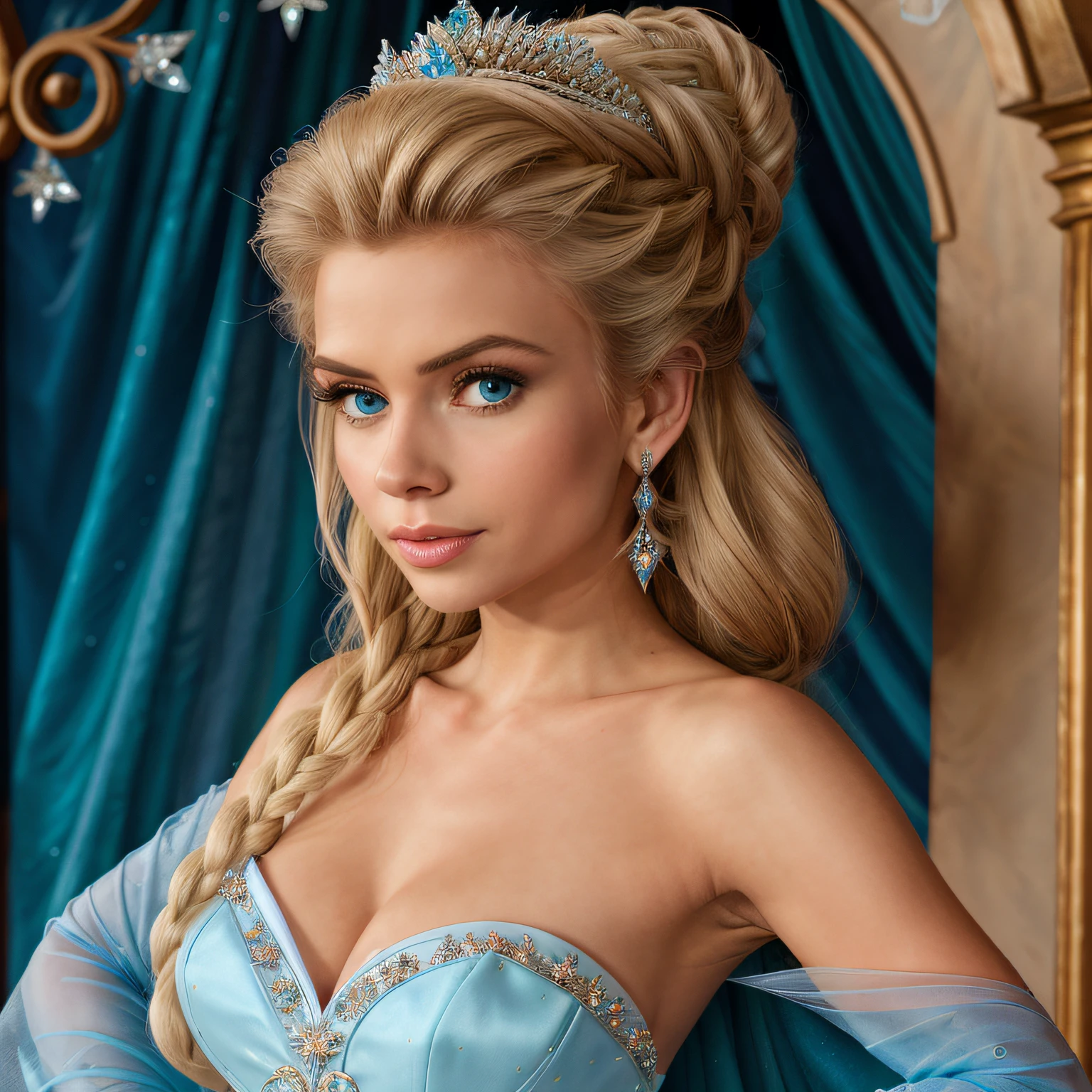 araffe dressed in a blue dress and a white cape holding a diamond, glamouroueautiful elsa,  queen, elsa from frozen, elegant glamourous , elsa frozen, ornate , elsa, amouranth, crystal maiden,  princess, winter princess, queen of  and storm, portrait of elsa of arendelle,  sorceress