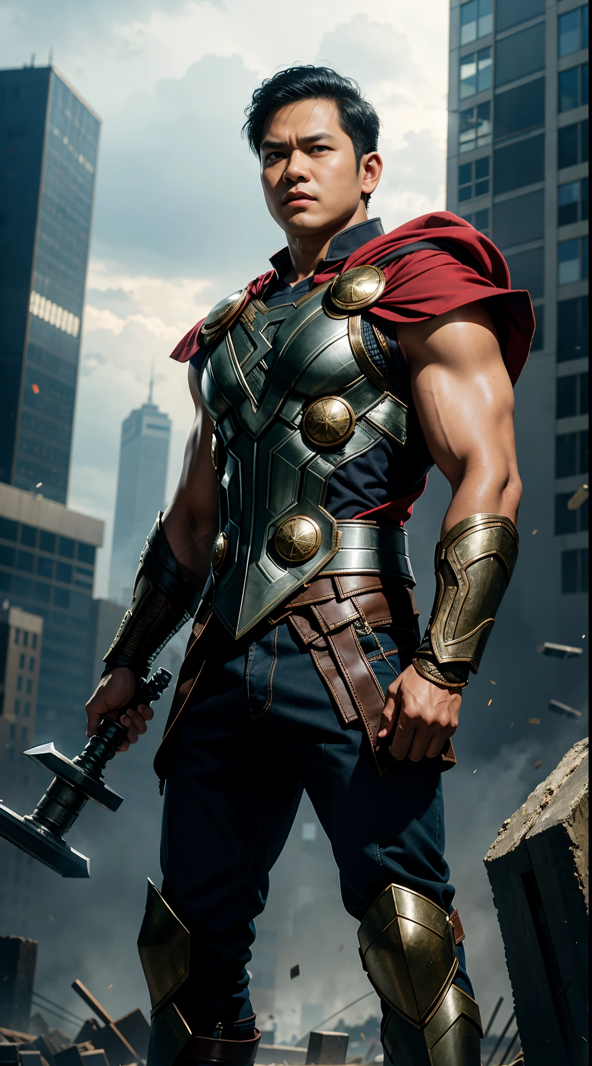 1 boy, a Prabowo Subianto as Thor ,holding hammer steel,short hair , black hair,standing, half body, outdoor, dramatic lighting,cinematic, 8k wallpaper poster film