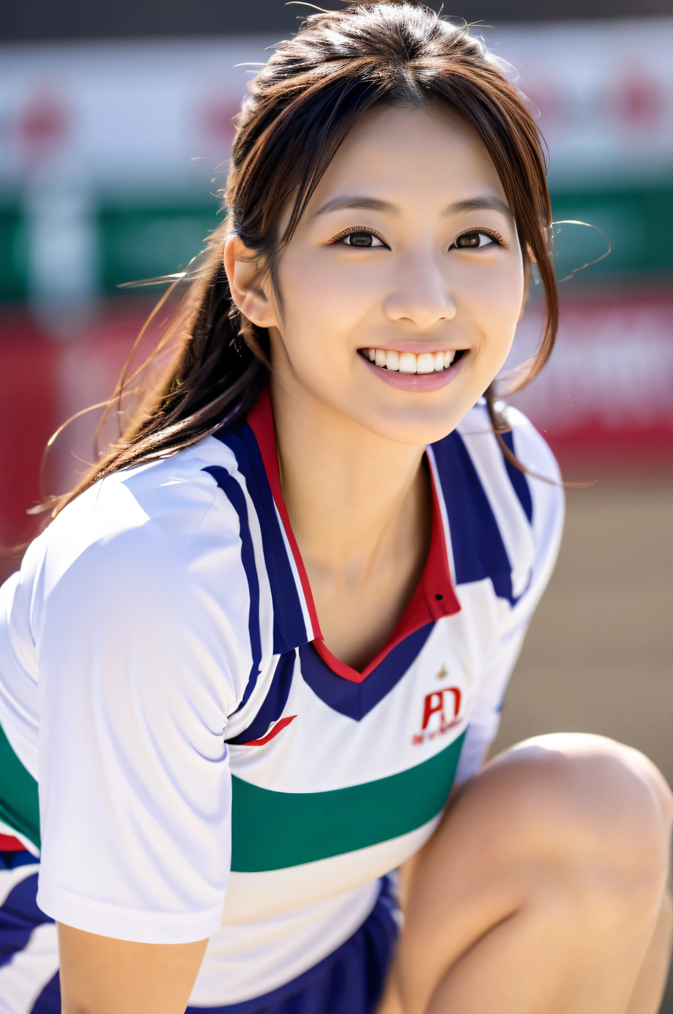 Highest resolution, 4K, Masterpiece: 1.3), A Japanese milf, photo of one lady, Sexy: 1.1, fine eyes, Slender figure, Realistic teeth, double eyelids, smile, full body, best quality, detailed, beauty, a married woman, playing volleyball, wear volleyball uniform