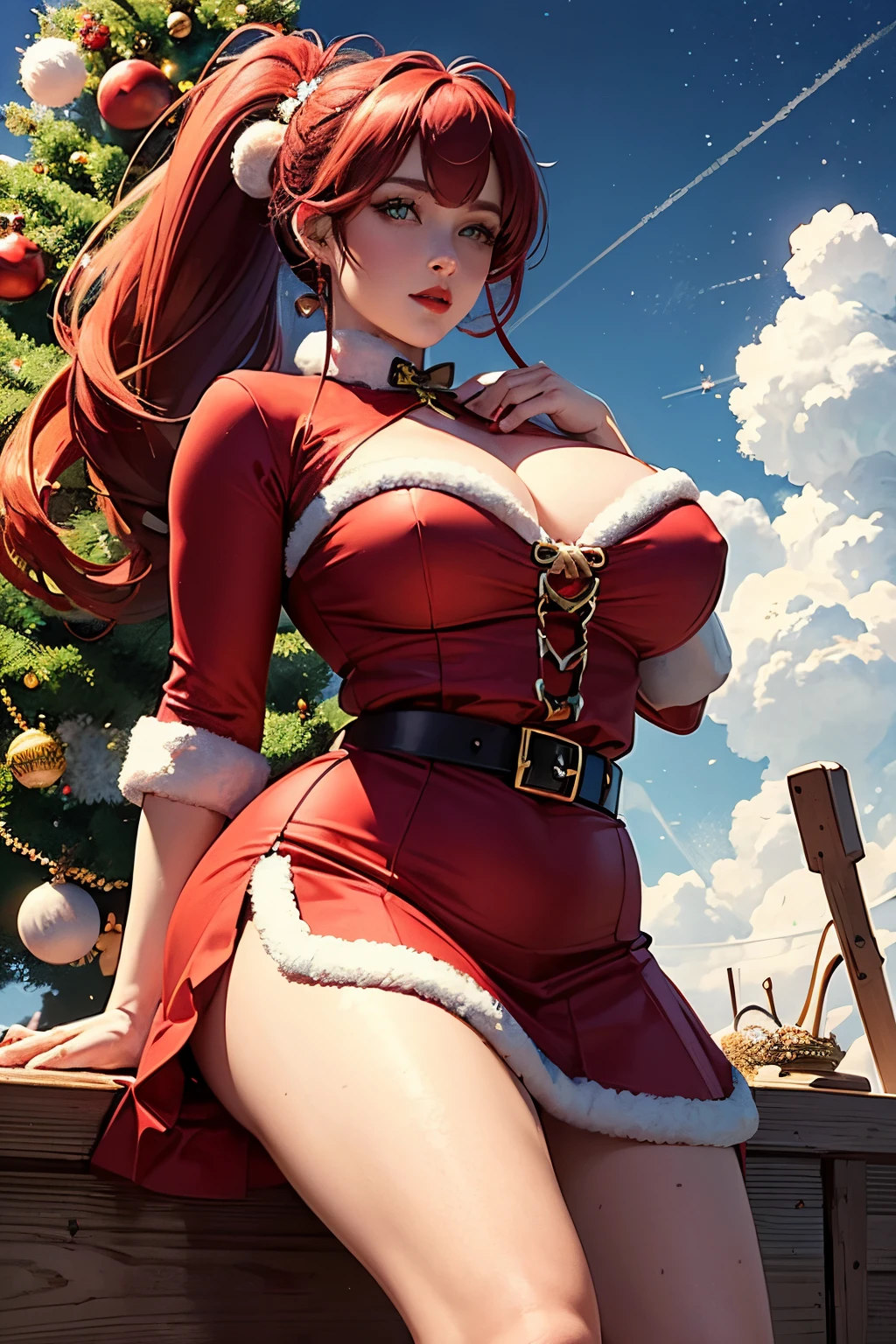 （ultra best quality、in 8K、masuter piece、delicate illustration）、Christmaeautiful santa claus woman、Plump body、Santa Claus Costume（long skirt type）、red ponytail hairstyle、beautiful face, amazing body, red lips, big green eyes, Soft smile、Deliver presents by riding a reindeer、