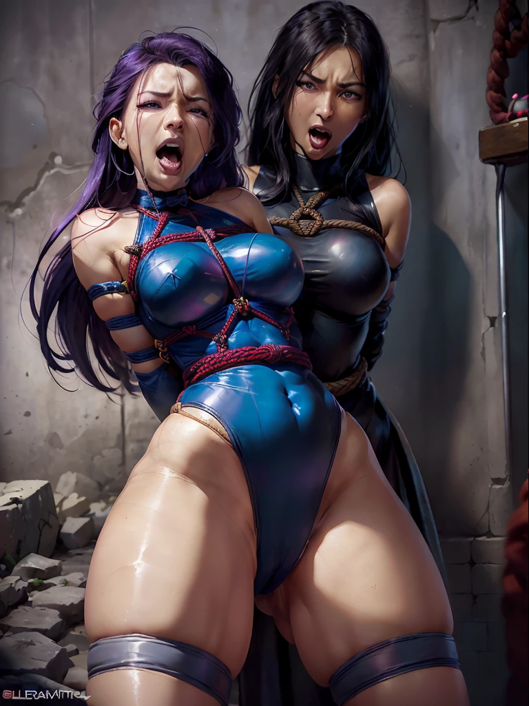 ((Psylocke is alone in the dungeons of an old castle)), ((SUPERHEROINE PSYLOCKE, meio agachamento, pernas abertas), ((She's screaming loudly in pain)), (She's crying a loa tem cabelo longo)), (She begs for mercy), (Ela esta vestindo roupas imorais, she's wearing indecent clothes), (obra-prima, melhor qualidade) 1.5, 1girl, sozinho, (sexy, mulher bonita, rosto perfeito, olhos perfeitos), corpo inteiro, (PSYLOCKE'S ON YOUR TOES, babando, tears streaming down her face), (((Shibari)(), (((rope bondage))), (((arms behind back))), (((Totalmente amarrado))), (((Fortemente contido com cordas)))