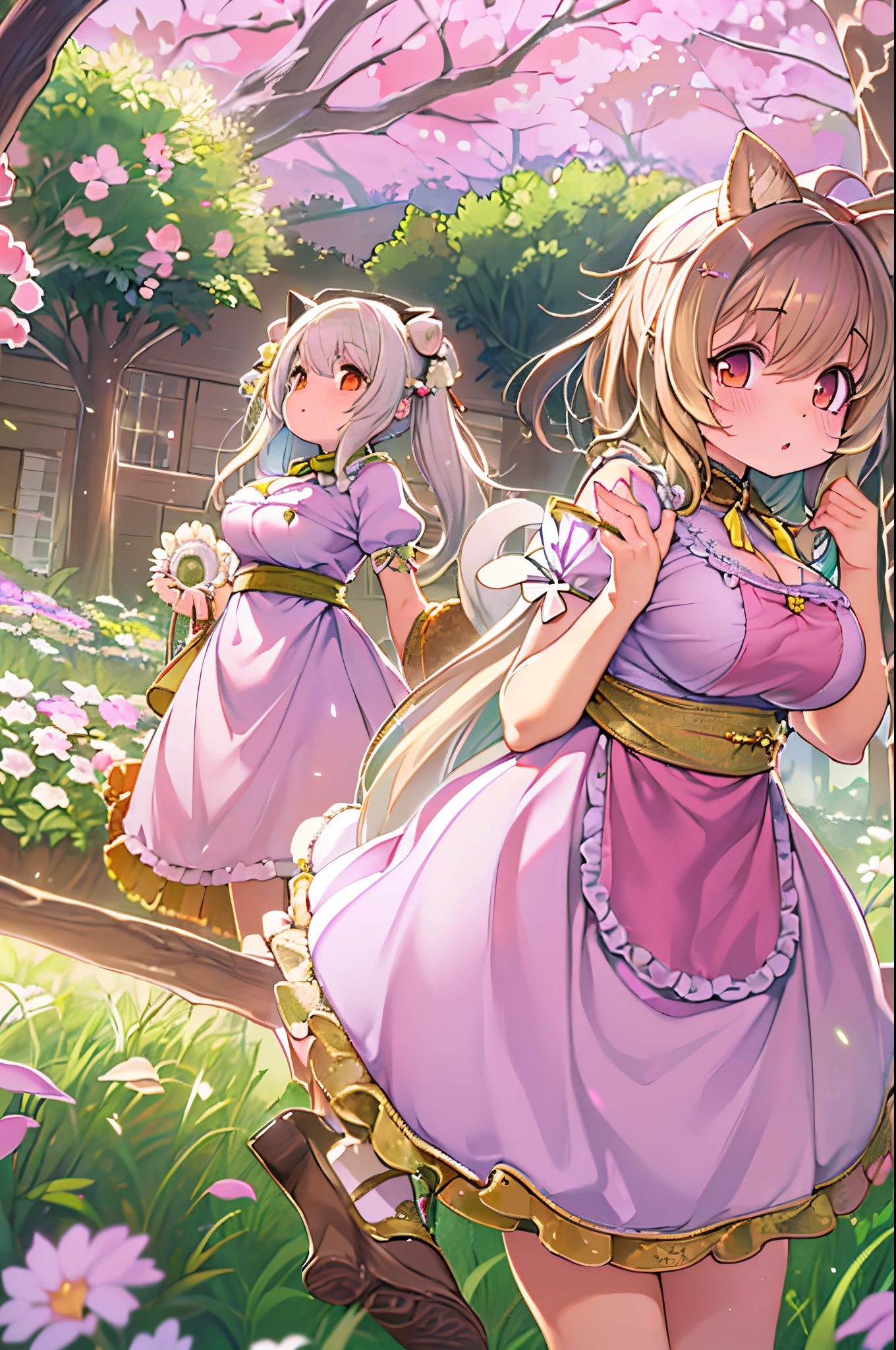 Anime girl in a pink dress posing in a garden with flowers, in dress, small curvy lolisexy maid in a magical forest, Lori, Cute anime waifu in a nice dress, frilld, fluffy chest, maid dress, pixiv 3dcg, anime girls in maid costumes, anime highly detailed, oppai、huge-breasted