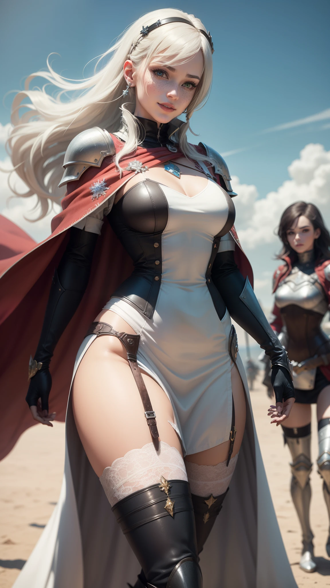 gwen tennyson,yorha 2b,tracer,claire farron,1girl,overwatch,atelier ryza,close up,battlefield,tattoos,scarlet and white plugsuit,white short sleeve knight top,short sleeve knight full plate armor,long knight skirt,steel knight corset,long hair,princess makeup,green eyes,multicolored silver hair,long dress train,sexy smile,freckles,beautiful girl, knight thigh high boots,big breasts,8k, ultra detailed,realistic,fantasy art,silver knight uniform,queen gown dress,hair pin,ear piercings,snowflake hand and neck jewelry,(weather:windy),long scarlet knight cape,holding a dagger on each hand,battlefront,fighting in the middle of a battle,garter belt,