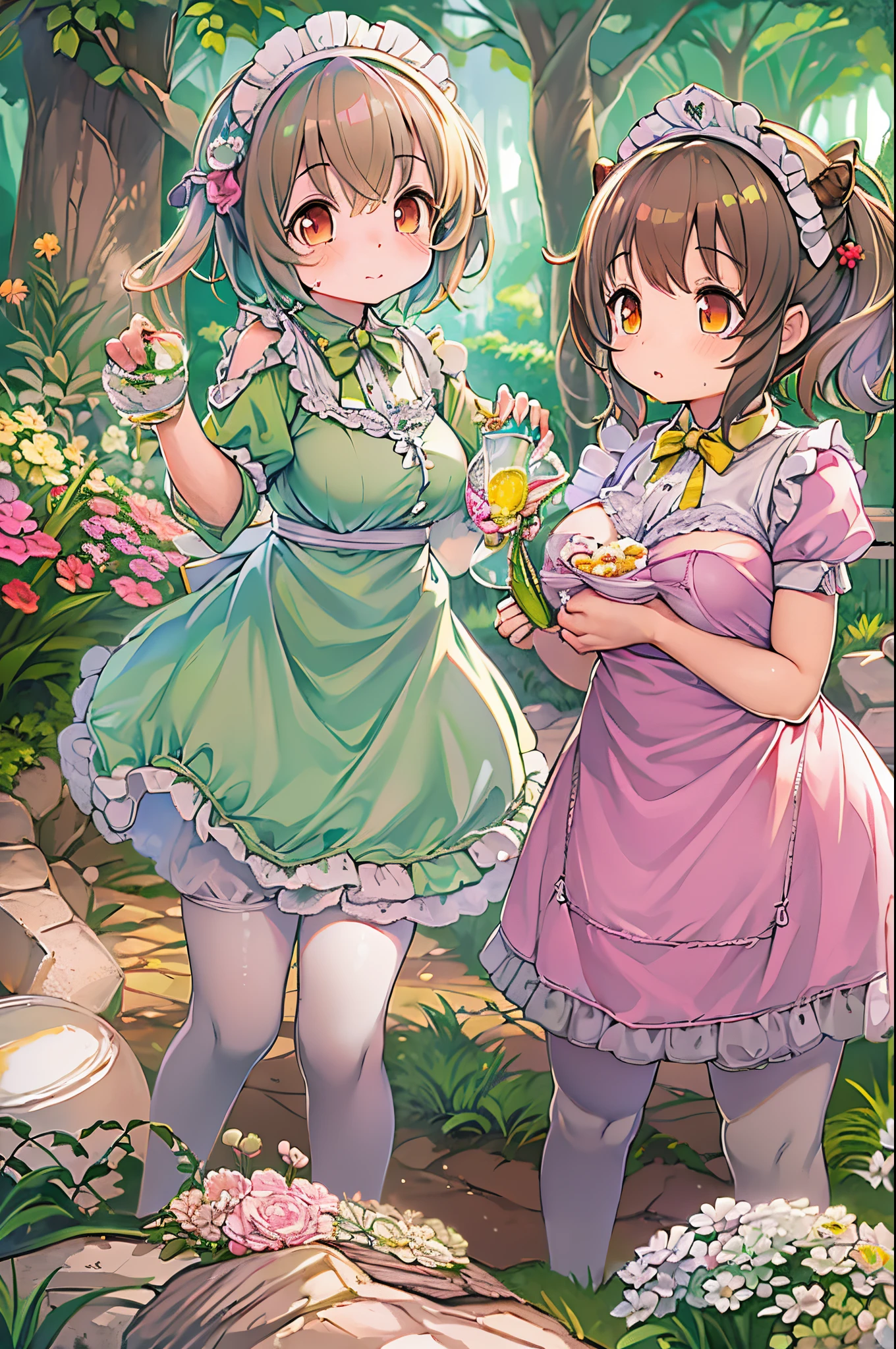 Anime girl in a pink dress posing in a garden with flowers,  in dress, small curvy lolisexy maid in a magical forest, Lori, Cute anime waifu in a nice dress, frilld, fluffy chest, maid dress, pixiv 3dcg, anime girls in maid costumes, anime highly detailed, oppai、huge-breasted