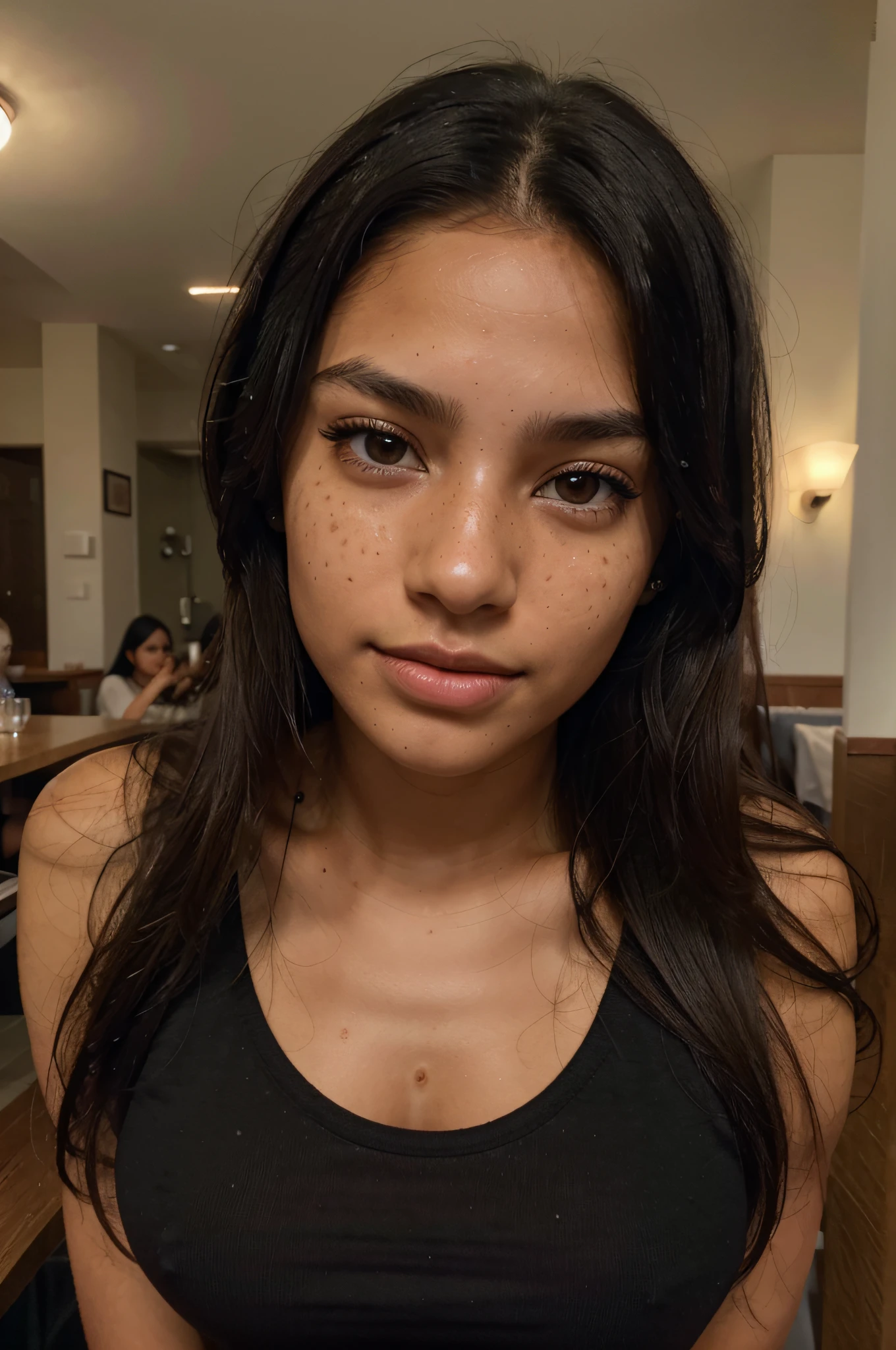 (amateur 1.2), amateur camera selfie photo of 21 years old dark skin columbian female wearing clothes, blackhair, Low exposure, low lighting, unprofessional natural lighting, realistic lighting, dark light, low light, caucasian female with very low freckles on her face and small blackeyes with hyperrealistic eye lashes, hyper realistic skin all over her, beautiful face, detailed face, image noise, low visible impurities, very low slight freckles, detailed skin texture, low detailed skin pores, low impurities on the face, details eyes, eyebrow details showing each individual hair, very minimal and slight redness and imperfections around eye lids, low quality lighting, no light on, normal photo, black tank top, normal tits, slightly smiling looking sexy, realistic skin, blackhair very long messy hair, dark skin columbian female, blonde very long hair, neutral face, very low freckles, small normal black eyes, little spots, very little acne, wearing clothes, inside restaurant, 2 feet from camera, head in different natural positions