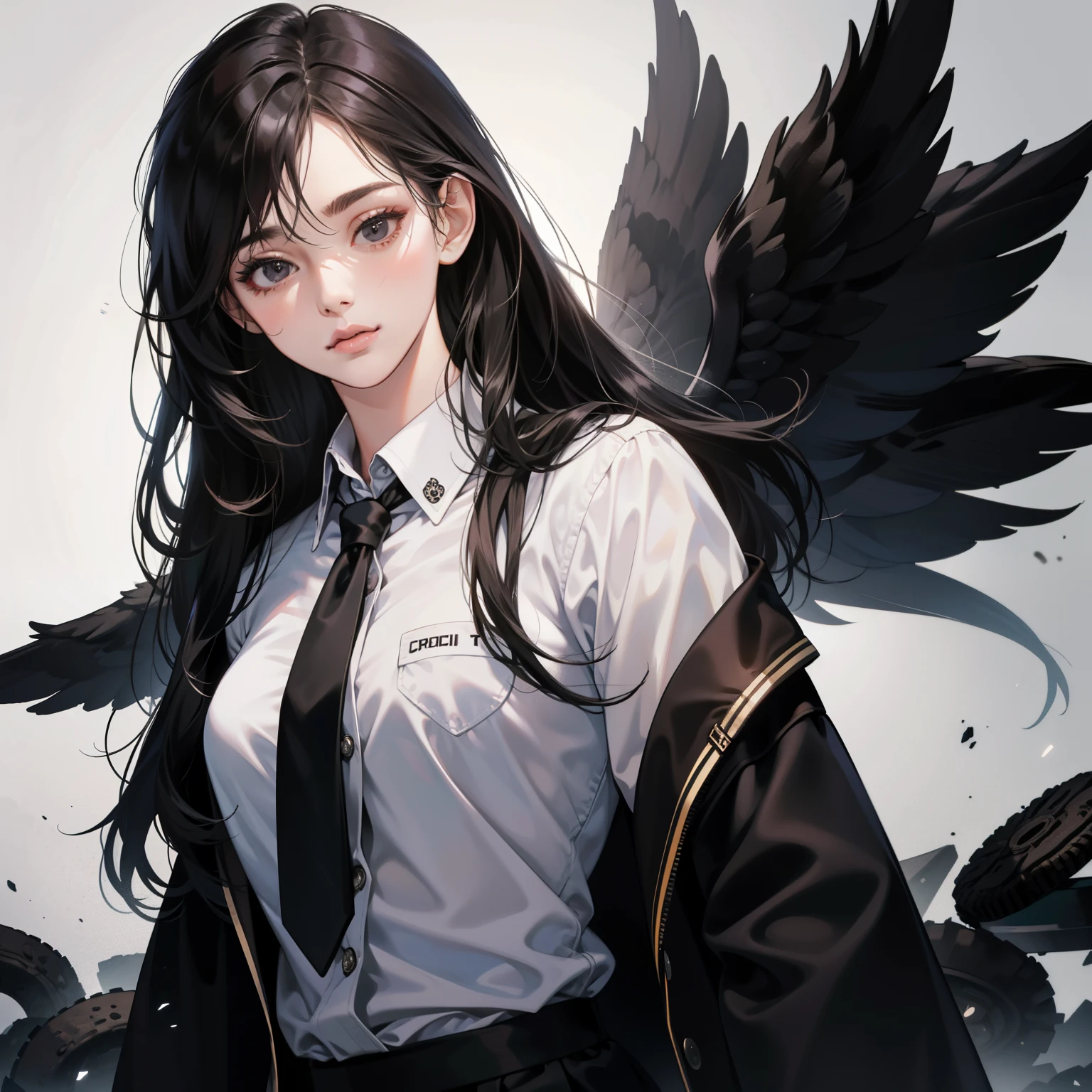 Masterpiece, high quality, best quality, HD, realistic, perfect lighting, detailed body, 1 woman, Black eyes, Long hair, Oreo Hair, glowing, Black Mafia uniform, wear tie, set background.