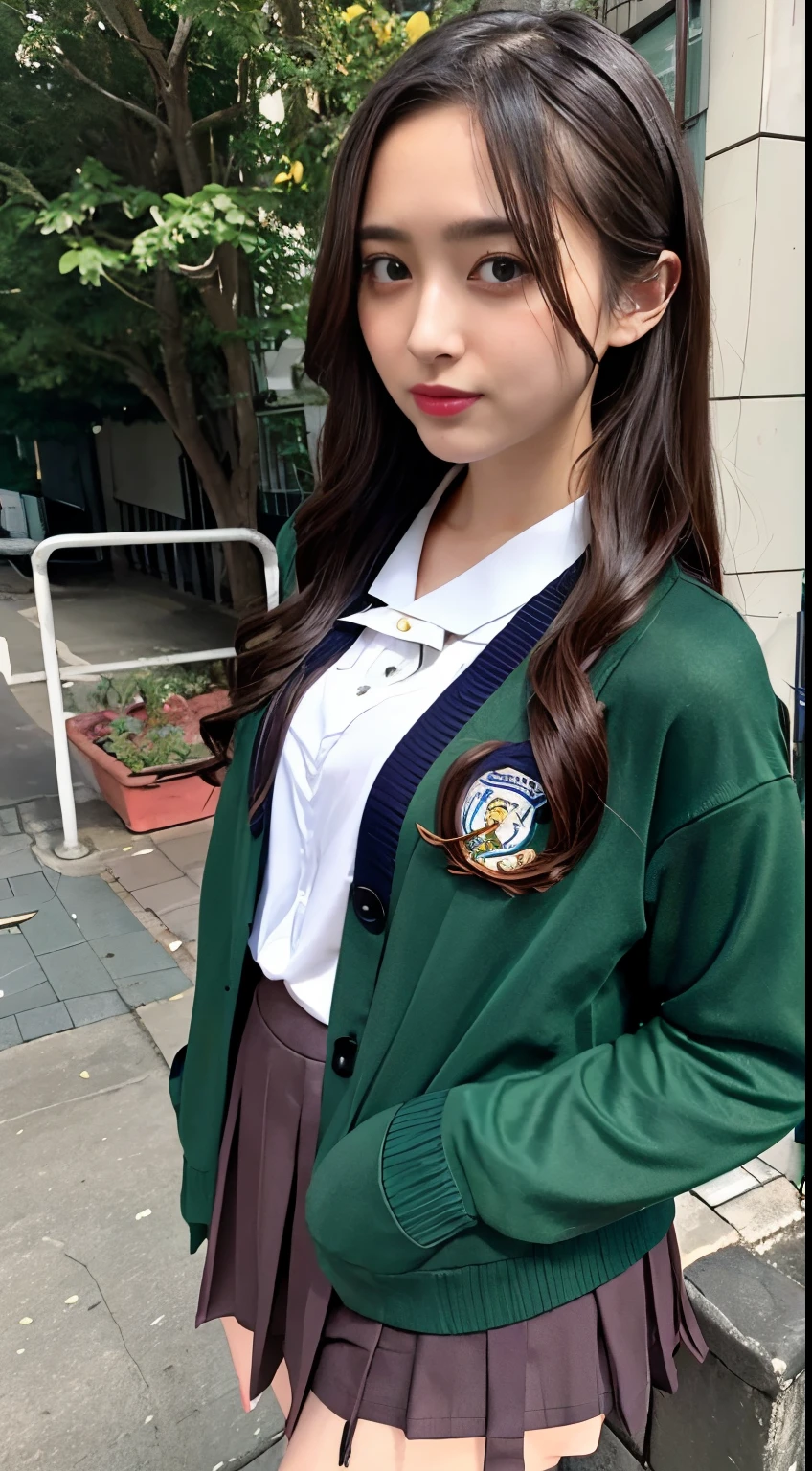 photo of a cute girl, wearing (crop-top:0.5)  sailor uniform, long sleeve, half-cleavage, pleated green_skirt, beautiful black eyes, dark-brown_cardigan, brown hair, deep-color,
BREAK
outdoor, sunshine, in the street,