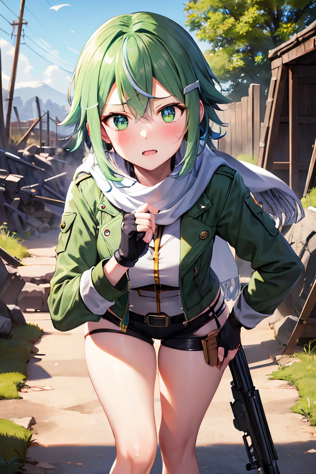 top-quality, 8K, ultra-detailliert, Photorealsitic, ​masterpiece, top-quality, hight resolution, 1girl in, sinon1, (Face Focus:1.3), scarf, Fingerless gloves, white clothes and green jacket, hair adornments, hair clips, Have a gun, Sniper rifle, Ruins, worried, Curvaceous, bbw, Blush with embarrassment, a person々A masterpiece surrounded by, Best Quality, Running, Crowd of enemies, Military, Blue sky, Huge fortress