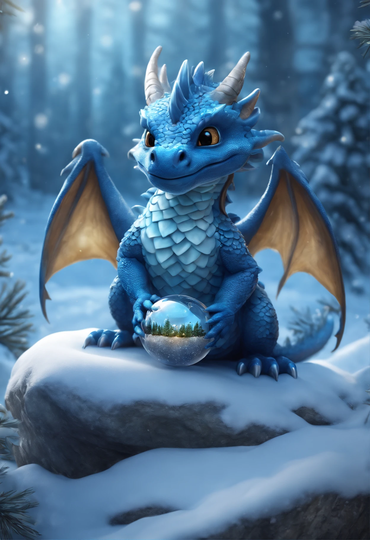 a blue dragon sits on a snow-covered stone and holds a crystal ball with a Christmas tree inside, snow is falling in flakes,  with Christmas ornament, Cute little blue dragon, Cute little dragon, cute detailed digital art, adorable digital painting, 8k high quality detailed art, 4k detailed digital art, digesting a small dragon, realistic fantasy illustration, Frost Dragon, highly detailed 4k digital art, A Newly Hatched Dragon, Cute digital art