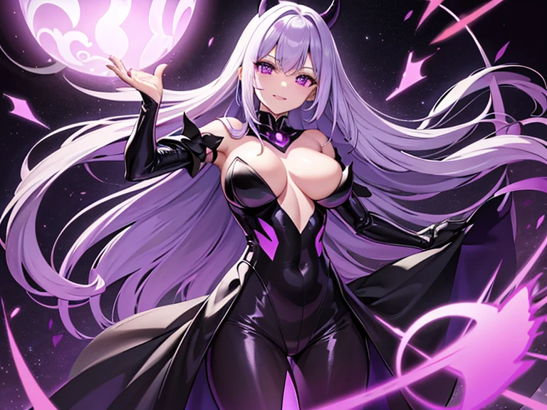 In the distance, a woman with a confident and self-centered look and an evil smile
purple catsuit with black intricacies, with long flowing white hair and
fringe, It has demons horn, as well as large bat wings, a demon's tail
,while flying around a black aura. In your hands there is a black sphere
round with geometric shapes and purple energies and rotating around. Purple cosmic background in ruins