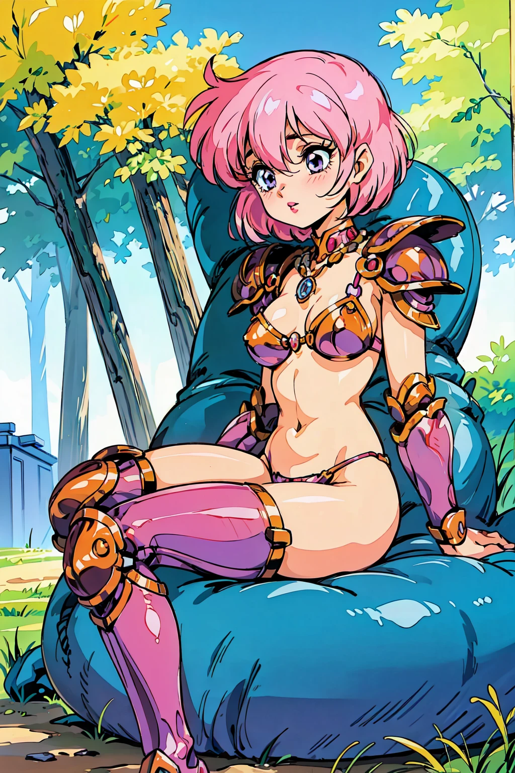 "(masterpiece:1.1), best quality,
1girl, solo, (80s anime style:1.3), (eyelashes:1.5), (:1.2),
(intricate high detailed body:1.2),
(pink hair:1.1), (hair between eyes:1.1), (very short hair, pixie cut:1.1), (tiara:1.1),
purple eyes, (red lip stick:1.3),
(gigantic breasts:1.1),
(shy:1.2), (blush:1.1),
(bikini armor:1.2),
(knight armor, armored boots:1.2), (jewelry:1.1), crystal necklace,
(sitting, spread legs:1.1),
(cowboy shot, cameltoe:1.1),
(daytime, grassland, outdoors:1.1)"