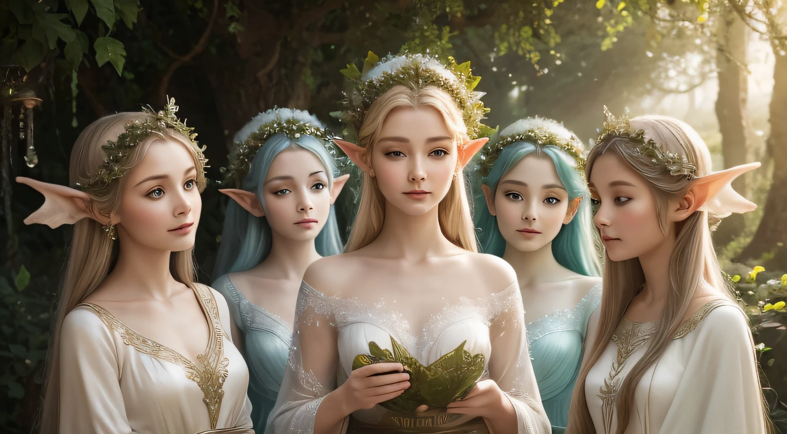 A mesmerizing close-up shot of a group of graceful Elves, their eyes sparkling with magic. They are surrounded by a soft, ethereal glow, giving them an otherworldly quality. The composition should focus on their radiant and serene expressions, capturing their connection to the mystical realm they call home.