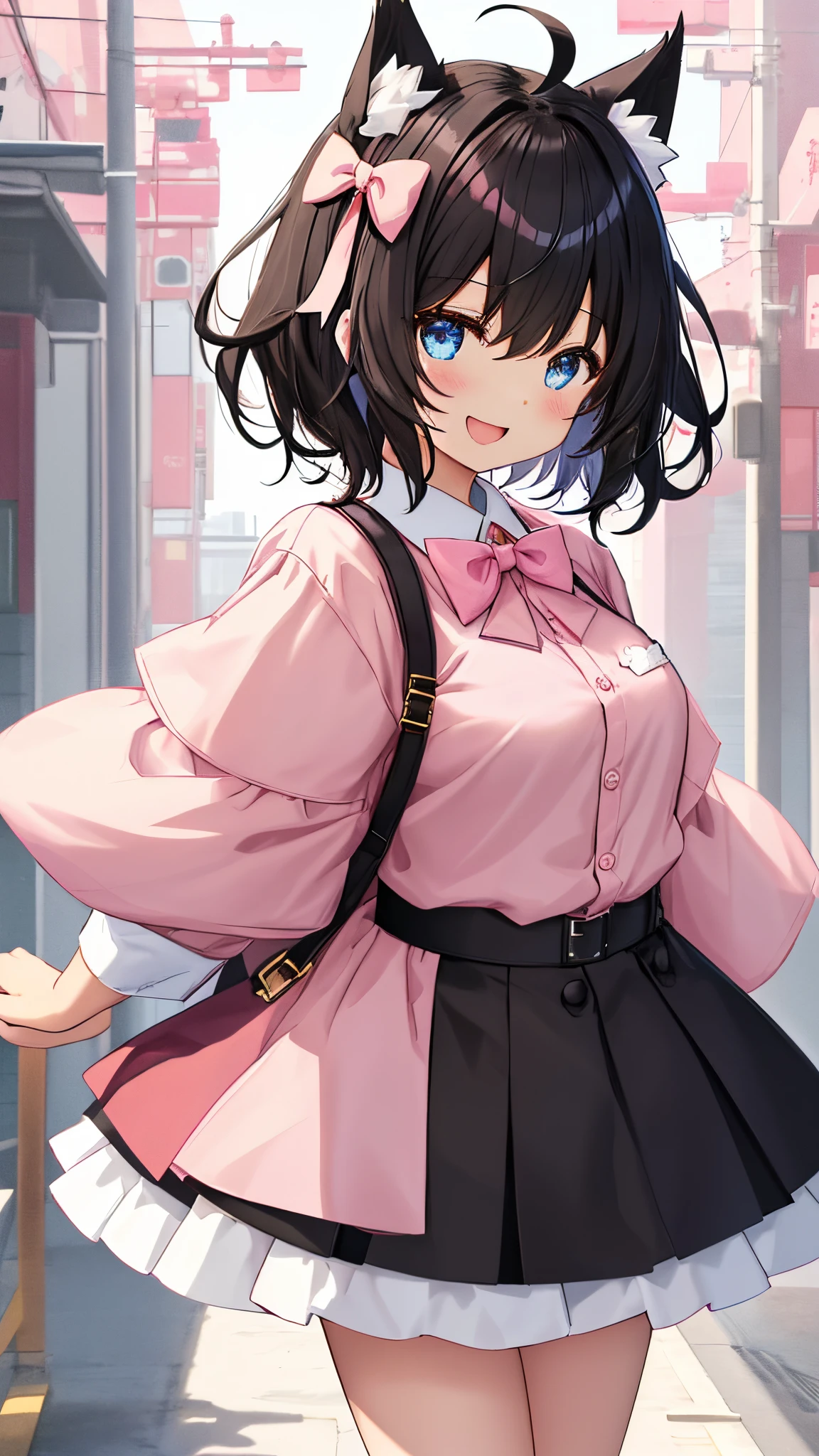 Looking at Viewer,、Cute backgrounds, 1girl in, Open mouth, Smile, Virtual Youtuber、girl with、((Best Quality, high_resolution, Distinct_image)),(Black hair), (Black cat ears), (Ahoge), (absurdly short hair), (Wavy Hair), (Blue eyes),、A smile、((concept-art))、((View Viewer))。((View of the valley)) bow ribbon、❤、Kamimei、ornament、♡、((pale pink shirt))、a black ribbon、a bow tie、♡、pleatedskirt、bow ribbon、♡ 、[[💉]]、garterbelts、((Arms at sides))、erect through、独奏、Girl with 1 person、above knee、White background、symple background