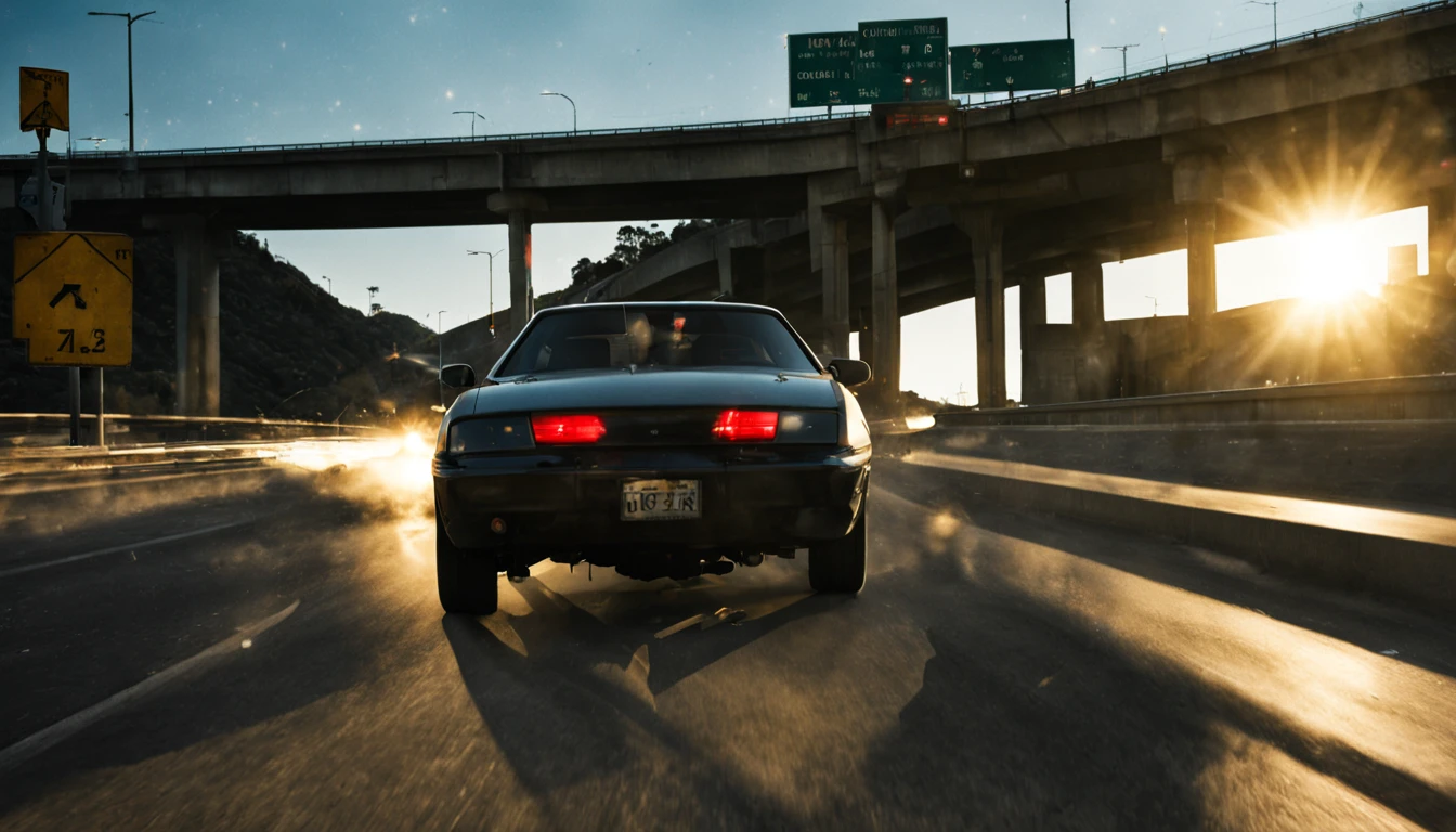 Onto the Freeway: John enters a busy freeway, the gang hot on his trail. Dangerous Maneuvers: John navigates through traffic, narrowly avoiding collisions and utilizing his driving skills to evade the gang's attempts to corner him, night, cinematic, lens flare, good angle,