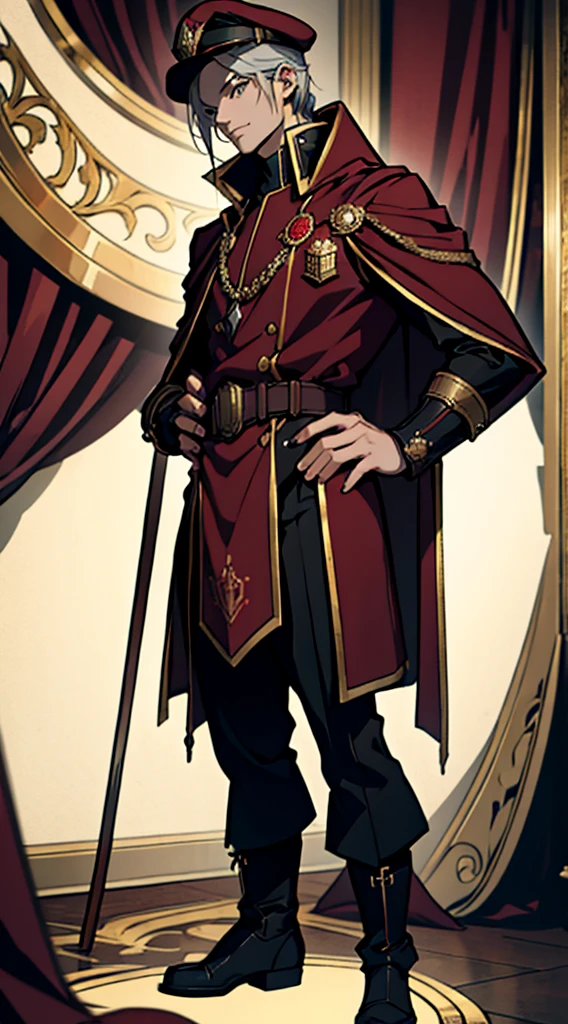 captain, black uniform, gold rank insignia, red cloak, black captain's hat, black boots, anime, Art Deco, Gothic art, anime style, anatomically correct, masterpiece, high details, high quality, beautifully detailed eyes, captivating gaze, vivid colors, skillfully executed lighting, studio lighting techniques bringing out the man's features and the overall mood of the scene