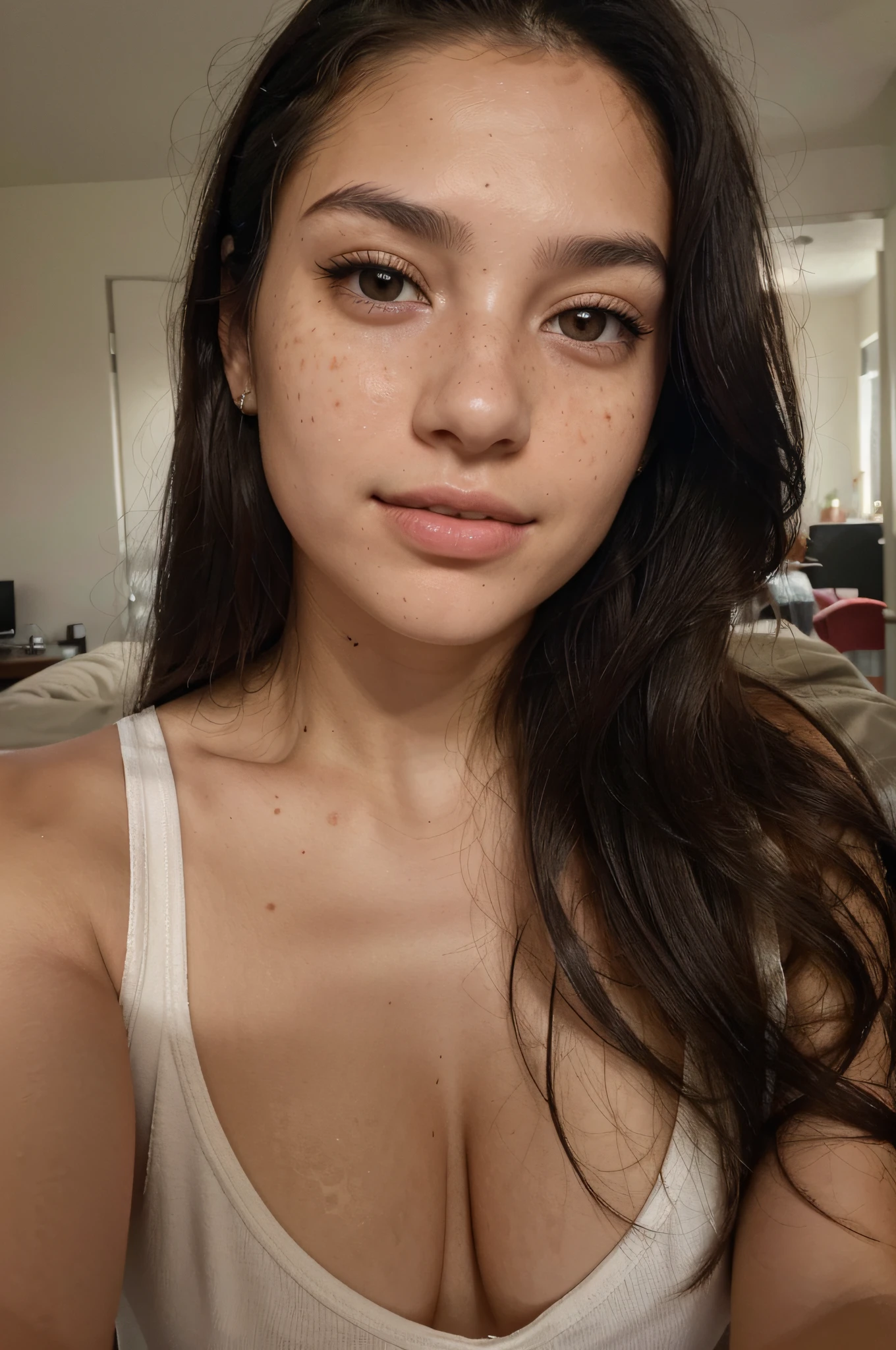 (amateur 1.2), amateur camera selfie photo of 21 years old latina female wearing clothes, blackhair, Low exposure, low lighting, unprofessional natural lighting, realistic lighting, dark light, low light, caucasian female with very low freckles on her face and small blackeyes with hyperrealistic eye lashes, hyper realistic skin all over her, beautiful face, detailed face, image noise, low visible impurities, very low slight freckles, detailed skin texture, low detailed skin pores, low impurities on the face, details eyes, eyebrow details showing each individual hair, very minimal and slight redness and imperfections around eye lids, low quality lighting, no light on, normal photo, black tank top, normal tits, slightly smiling looking sexy, realistic skin, blackhair very long messy hair, latina female, blonde very long hair, neutral face, very low freckles, small normal black eyes, little spots, very little acne, wearing clothes, inside living room, 2 feet from camera, head in different natural positions