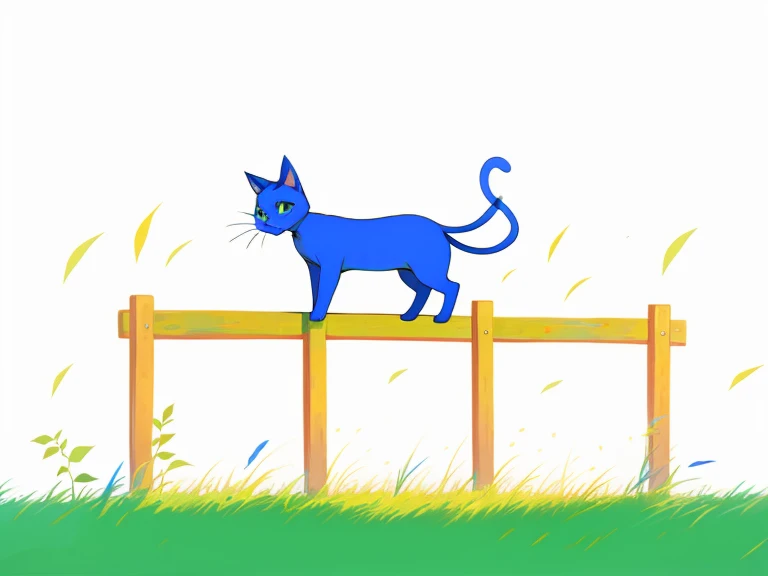 blue cat standing on a fence in the field