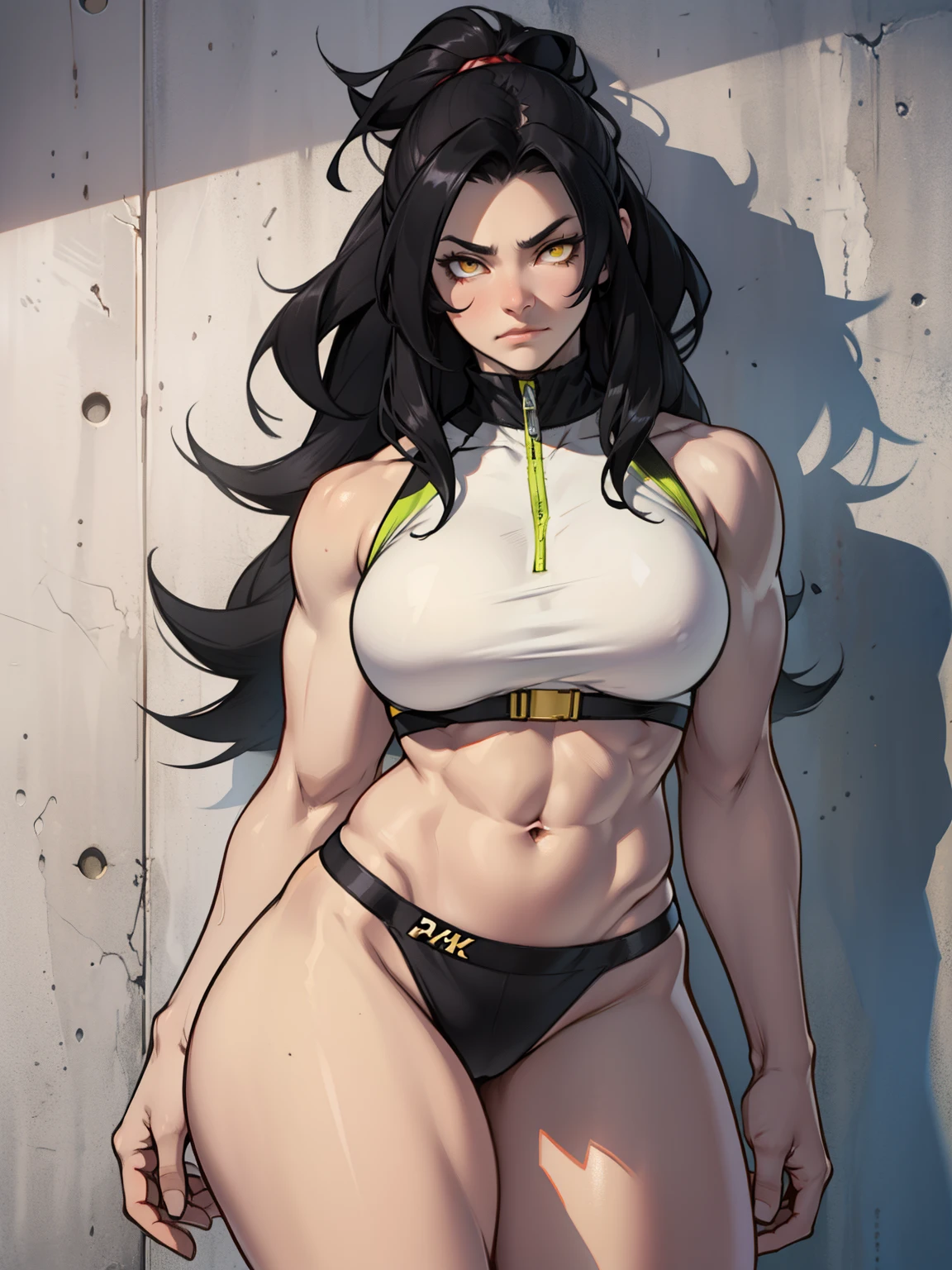 muscular girl thick thin waist toned body large breasts wide hips sad black hair yellow eyes pale skin