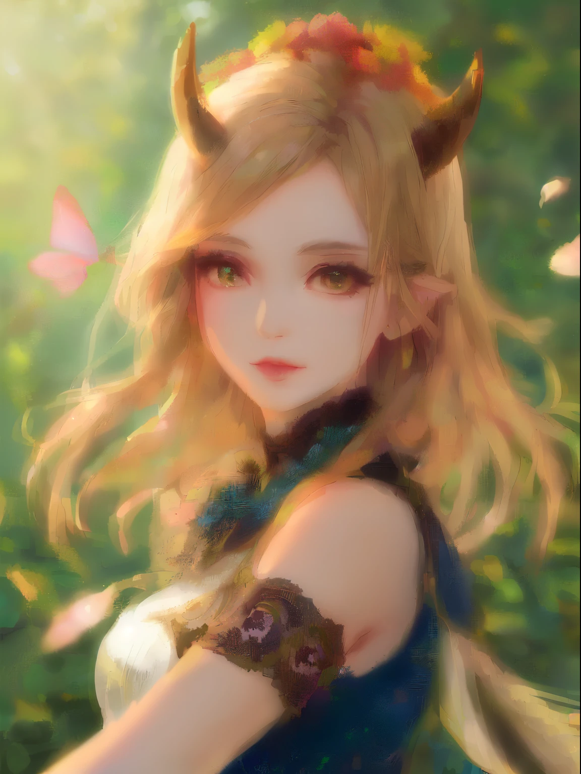 (Woman with horns,flowers on her head:1.1), (beautiful detail eyes,long eyelashes:1.1), (beautiful detailed lips,Ruddy lips), (Realistic,photo-realistic:1.37),Ultra-detailed, (HDR,UHD:1.1), (Vivid colors,bokeh), (soft-lighting,warm lighting), (Portrait,Artistic portrait), (medium:oil painting), (fine brushwork,Gentle touches), (lush green background,Peaceful scene in the garden), (A gentle breeze,flower petals fluttering in the wind), (Inspired by nature,ethereal), (Feminine,graceful), (serene expression,Inner Peace), (decorated horns,gold and intricate patterns), (Graceful flowers,blooming with bright colors), (2 butterflies,dancing around her), (flowy dress,The wind flows), (harmony,balance), (Magical,Otherworldly atmosphere), (superior,a little mysticism).