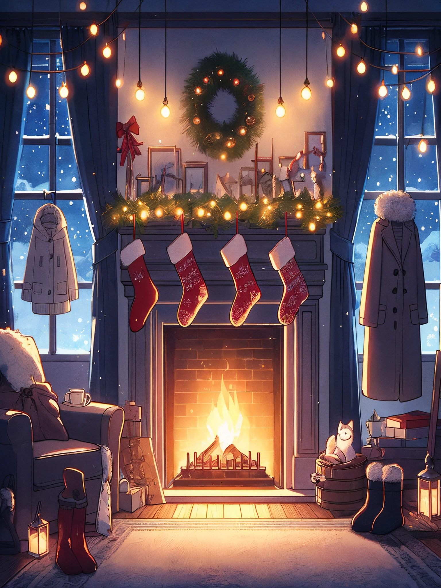 Draw an anime lofi scene of fireplace in cozy living with christmas socks hanging, artifacts christmas vibe, warmth. decoration, winters, coat hanging on the wall, fairylights, no one, decorated, night, no human, cloudy sky, beautiful color palette