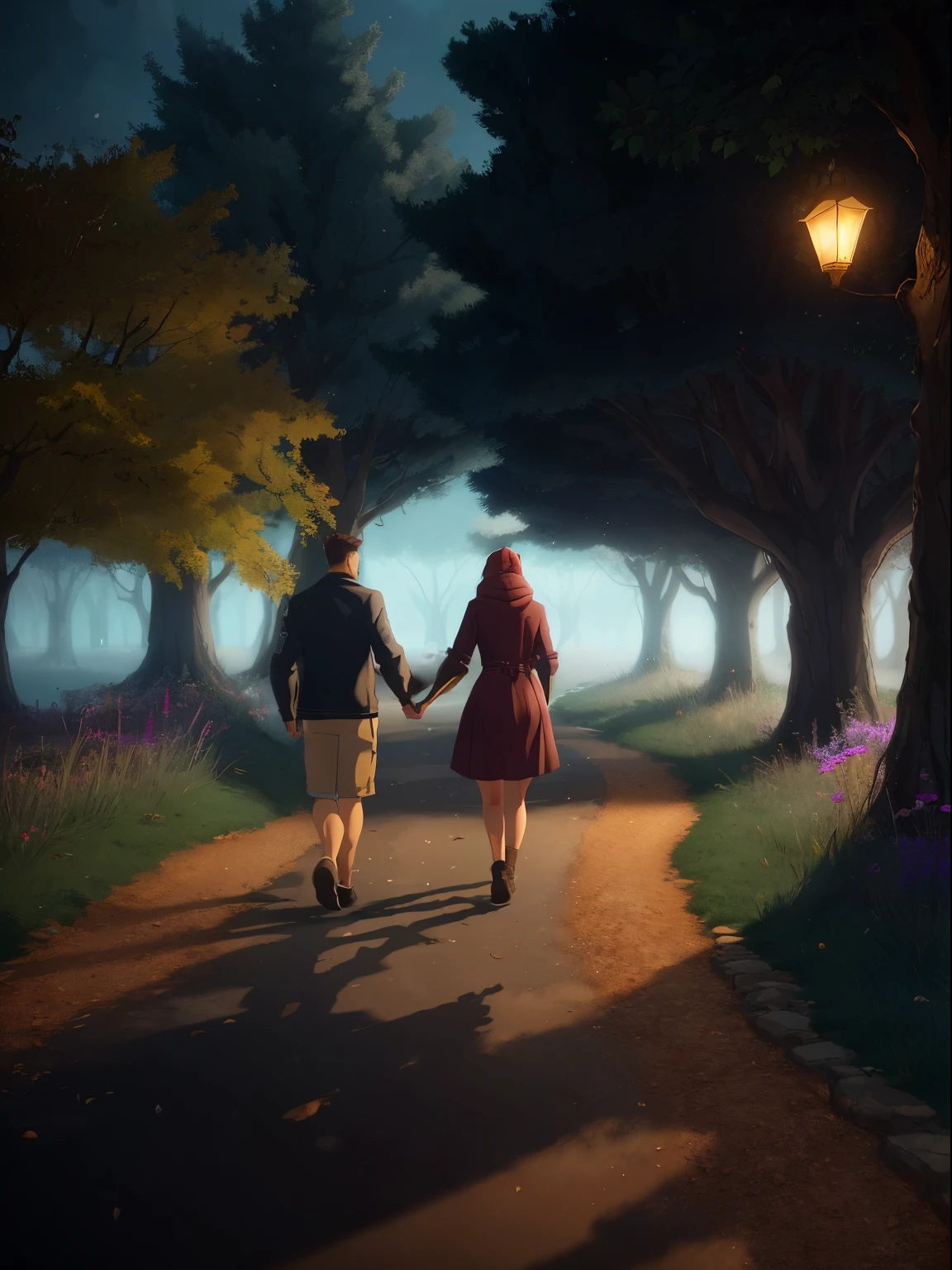 a couple of people walking along the path, holding hands, Unreal engine ; romantic theme, man and woman, Walking Together, animated film, Beautiful composition, game cg, Cyril Rolando & M.In Kaluta, animation style render, in-game cinematic, Point-and-click adventure game, The magnificent composition is cinematic