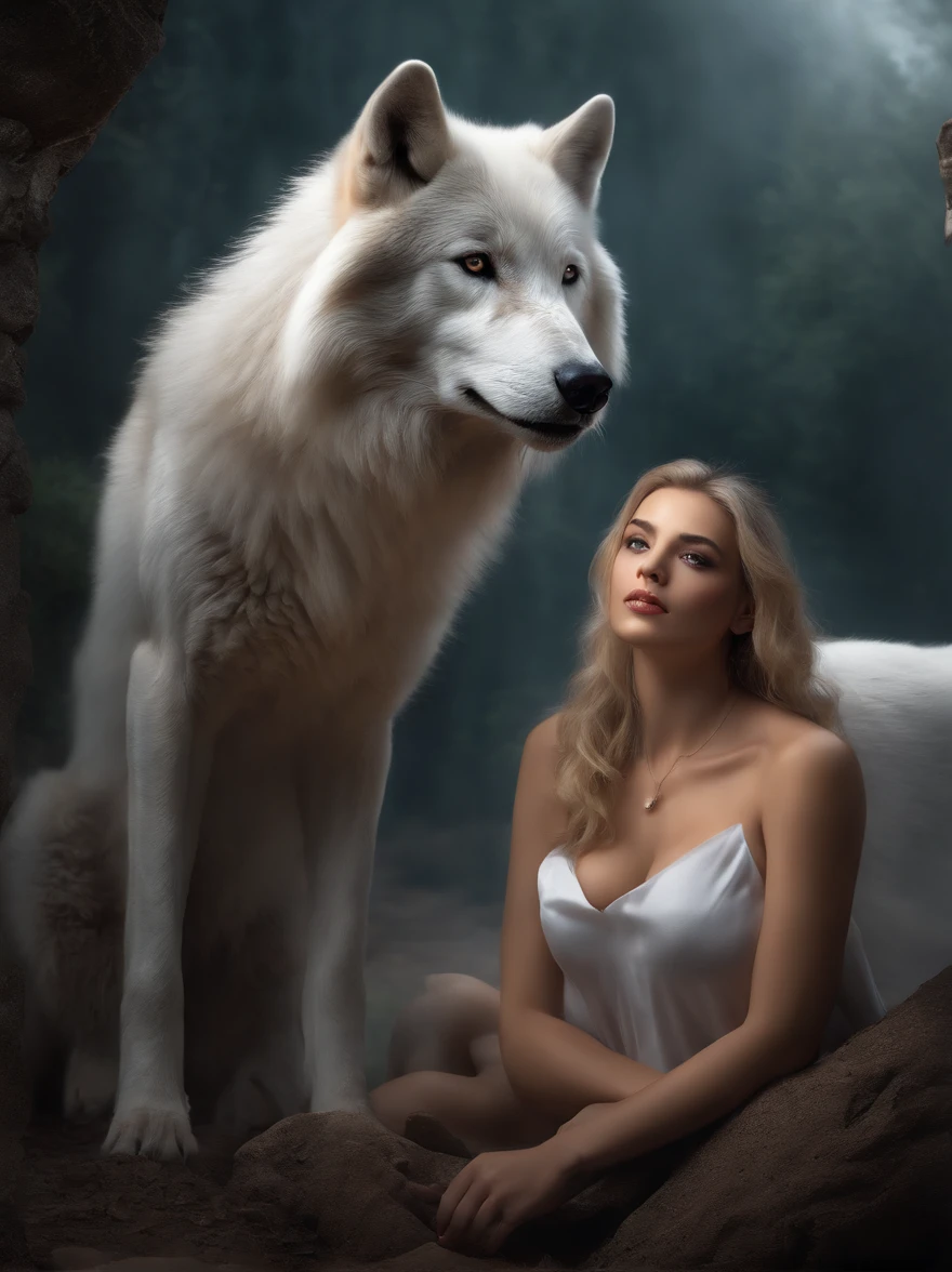 (tmasterpiece), (topquality), (more detailed), (8K), (电影灯光), (Sharp focus), (Precise Anatomy), (photo realism:1.5), (Fantasy art), Epic Movie Poster, Beautiful woman and white wolf, beautiful girl raised by a white wolf, next to the wolf, The wolf approaches the viewer with a kind muzzle, Meeting face to face, A girl with a beautiful face, NSFW, NSFW, dressless, naked ass, Detailed face, Happy Look, perfectly proportional breasts, big breastes, skinny waist, bellybutton, large tities, thights, blond hair, blonde woman, hairlong, the girl is girded with a silver thread, Wolves have a large body, ferocious, (Correct anatomy), (A sense of speed:0.8), (Background Blend:0.8), (Windy storms:1.1), dramatic lighting, thick fog, Fog of the Abyss, universe, Orion Nebula, star universe, Very bright morning sunlight,