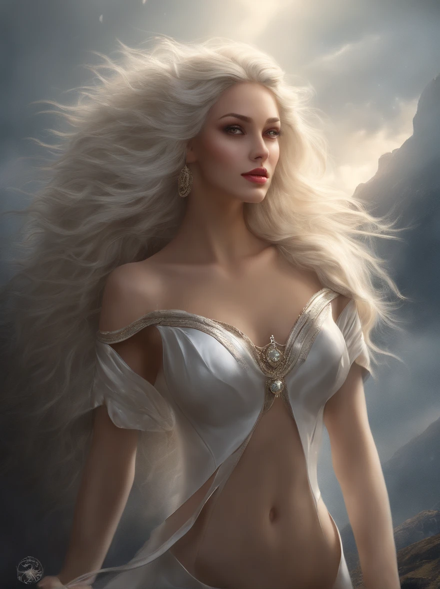 (tmasterpiece), (topquality), (more detailed), (8K), (电影灯光), (Sharp focus), (Precise Anatomy), (photo realism:1.5), (Fantasy art), Epic Movie Poster, Beautiful woman and white wolf, beautiful girl raised by a white wolf, next to the wolf, The wolf approaches the viewer with a kind muzzle, Meeting face to face, A girl with a beautiful face, NSFW, NSFW, dressless, naked ass, Detailed face, Happy Look, perfectly proportional breasts, big breastes, skinny waist, bellybutton, large tities, thights, blond hair, blonde woman, hairlong, the girl is girded with a silver thread, Wolves have a large body, ferocious, (Correct anatomy), (A sense of speed:0.8), (Background Blend:0.8), (Windy storms:1.1), dramatic lighting, thick fog, Fog of the Abyss, universe, Orion Nebula, star universe, Very bright morning sunlight,