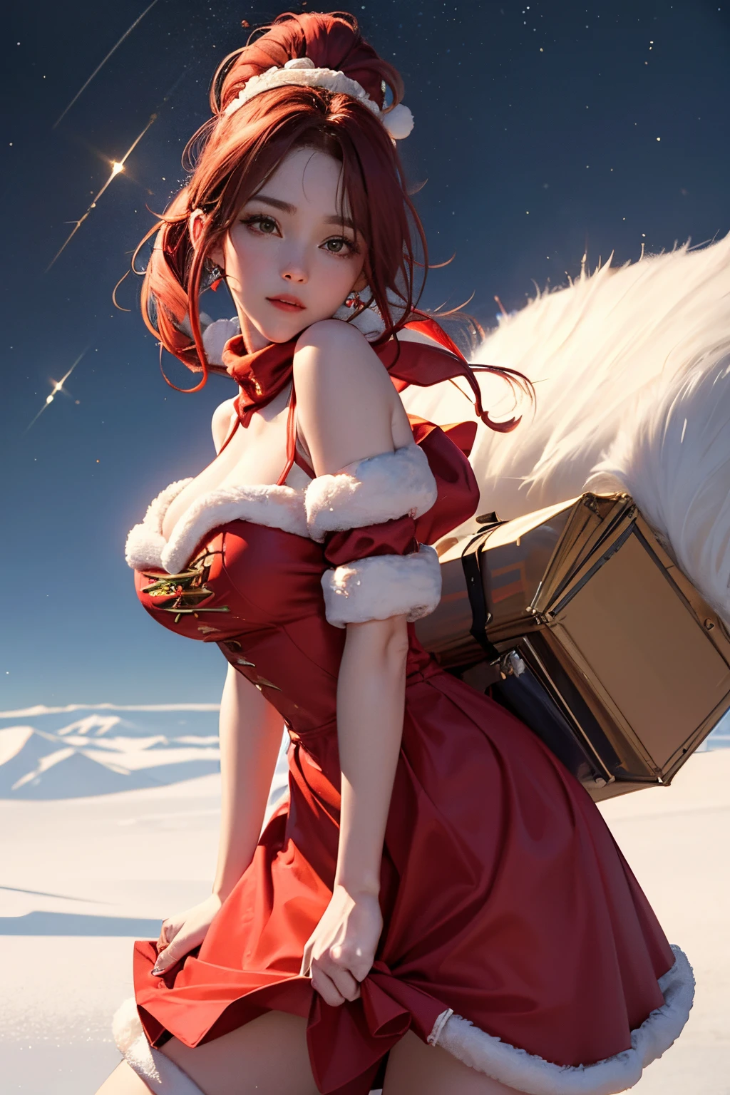 （ultra best quality、in 8K、masuter piece、delicate illustration）、Christmaeautiful santa claus woman、perfect body、Santa Claus Costume（long skirt type）(coverd shoulder and neck) 、no bare shoulder or bare breasts, red scarf cover shoulder and neck, red ponytail hairstyle、beautiful face, slim body,  red lips, big green eyes, Soft smile、Deliver presents by riding a reindeer、Santa Claus jacket