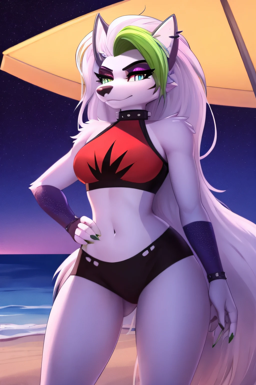 best quality, roxanne fusion loona, solo, furry female, body fur, makeup, sexy clothes, super detailed, high detail eyes, perfect proportion, night beach