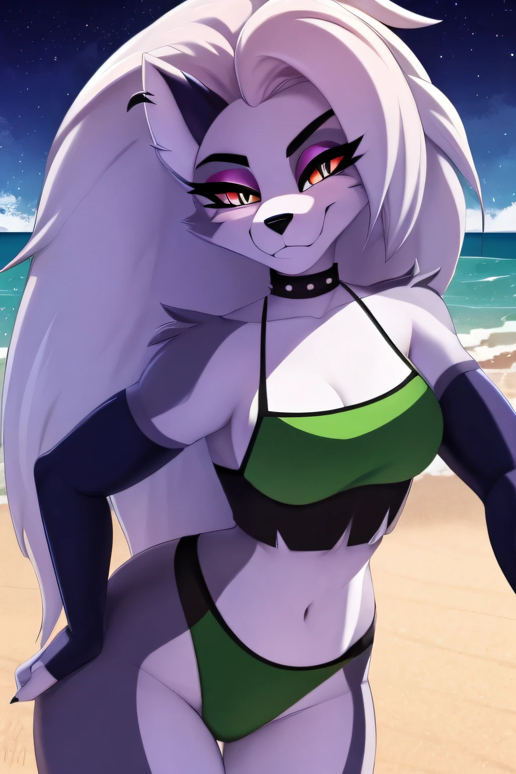 best quality, roxanne fusion loona, solo, furry female, body fur, makeup, sexy clothes, super detailed, high detail eyes, perfect proportion, night beach