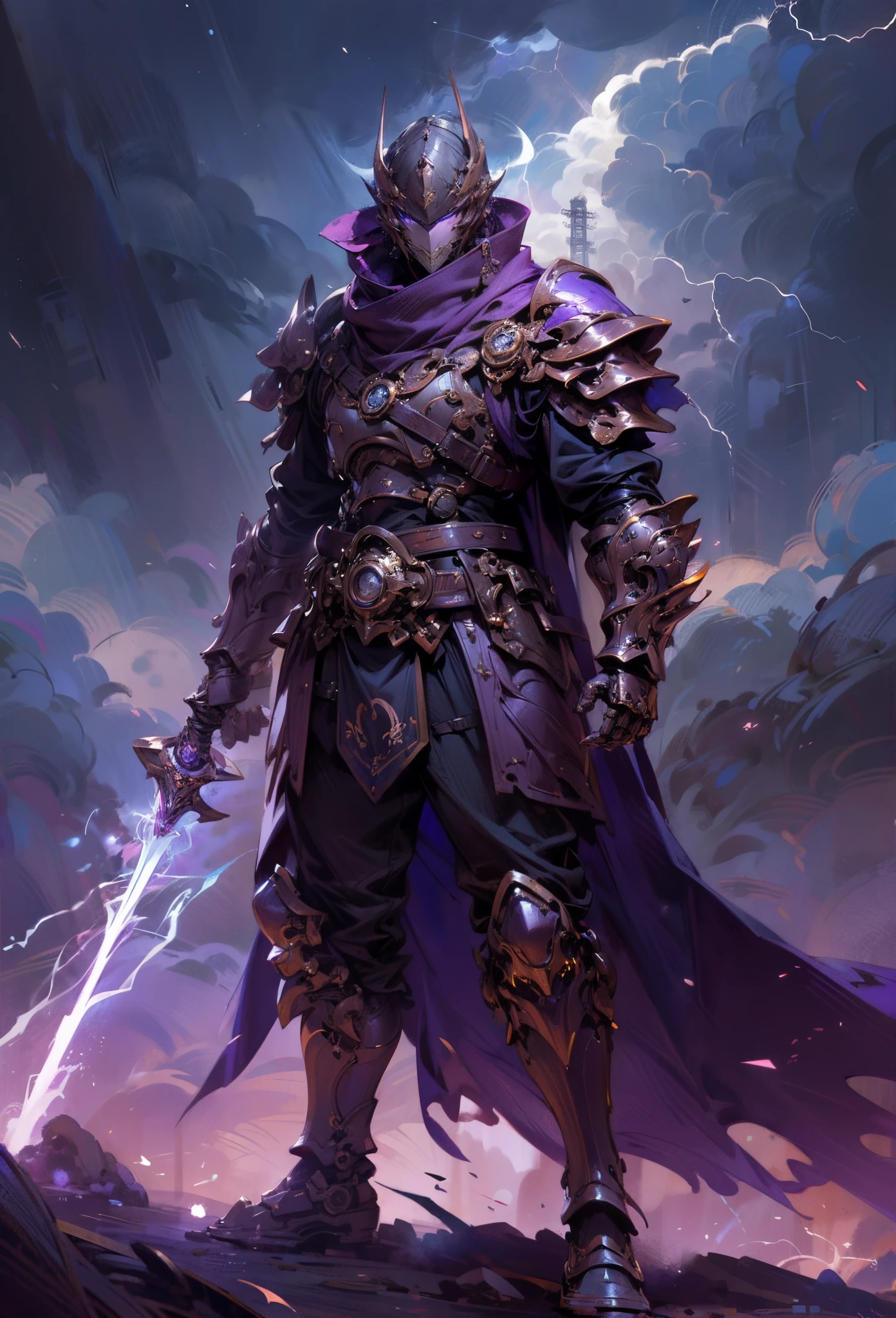 Western fantasy,Huge slim-fitting thunder armor,towering helmet,White breath coming out of mouth,high qulity, Complicated details,A high resolution,structurally correct,Tattered purple cloak,Hold a lightning staff,Thunderstorm days,Lightning flashes all over,midynight,lightand shade contrast,Full body photo from the side,Dark fantasy style,Complicated detailantasyart,concept-art,character design,unreal-engine,Perfectcomposition,Reasonable limbs,Steampunk scene,depth of fields,style of anime,In a Japanese anime style