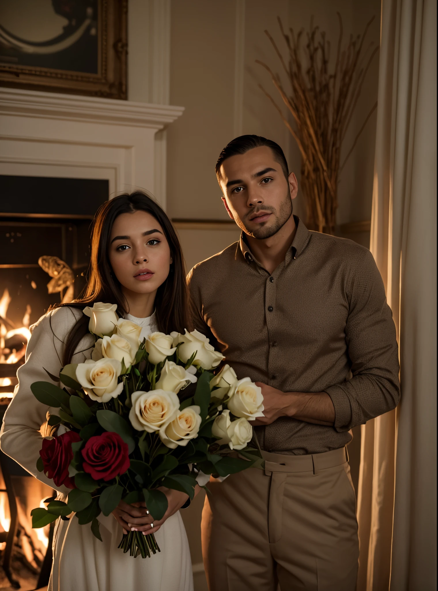 Man in a festive shirt. Woman in a dress with a bouquet of roses. Holiday background, Christmas, fireplace, fir, Gifts