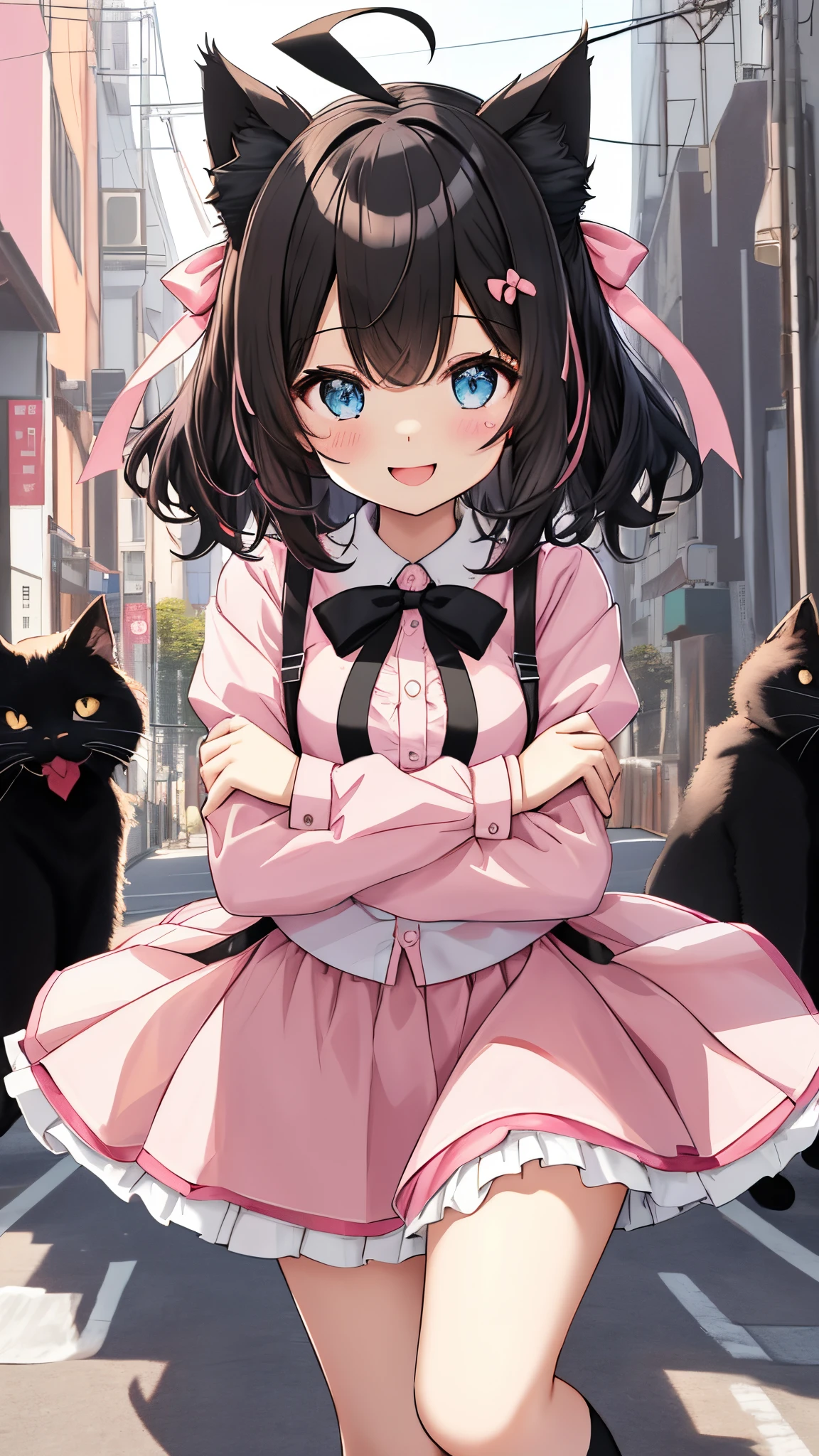 1girl in, Open mouth, Smile, virtualyoutuber、girl with、((Best Quality, high_resolution, Distinct_image)),(Black hair), (Black cat ears), (Ahoge), (absurdly short hair), (Wavy Hair), (Blue eyes),、A smile、((concept-art))、((View Viewer))。((View of the valley)) bow ribbon、❤、Kamimei、ornament、♡、((pale pink shirt))、a black ribbon、a bow tie、♡、pleatedskirt、bow ribbon 、[[💉]]、garterbelts、((Arms at sides))((erect through))、独奏、Girl with 1 person、above knee、White background、symple background、Front-facing。