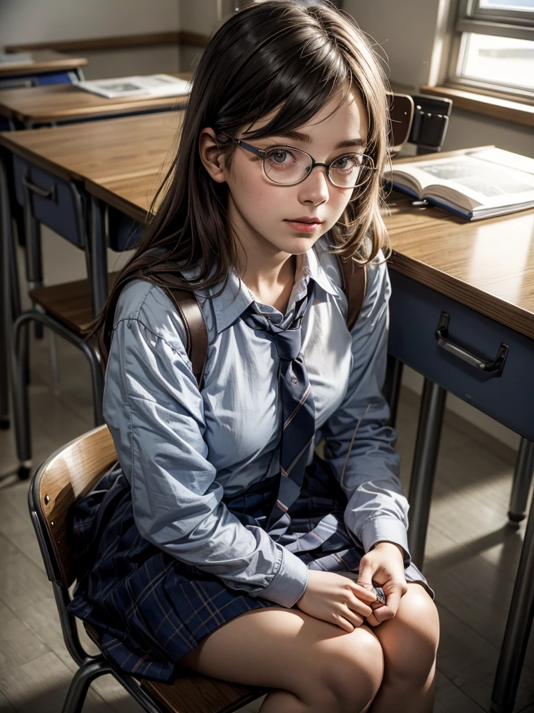 Auf einem Schreibtisch sitzt eine Frau und liest ein Buch, a hyperrealistic schoolgirl, Cute schoolgirl, realistic schoolgirl, of a schoolgirl, das posiert, hyperrealistic schoolgirl, als strenger Schullehrer ), in einem Klassenzimmer, School girl, Student, sat at her desk, Lehrer, disguised as a schoolgirl, Sitzen im Klassenzimmer, auf einem Schreibtisch sitzen