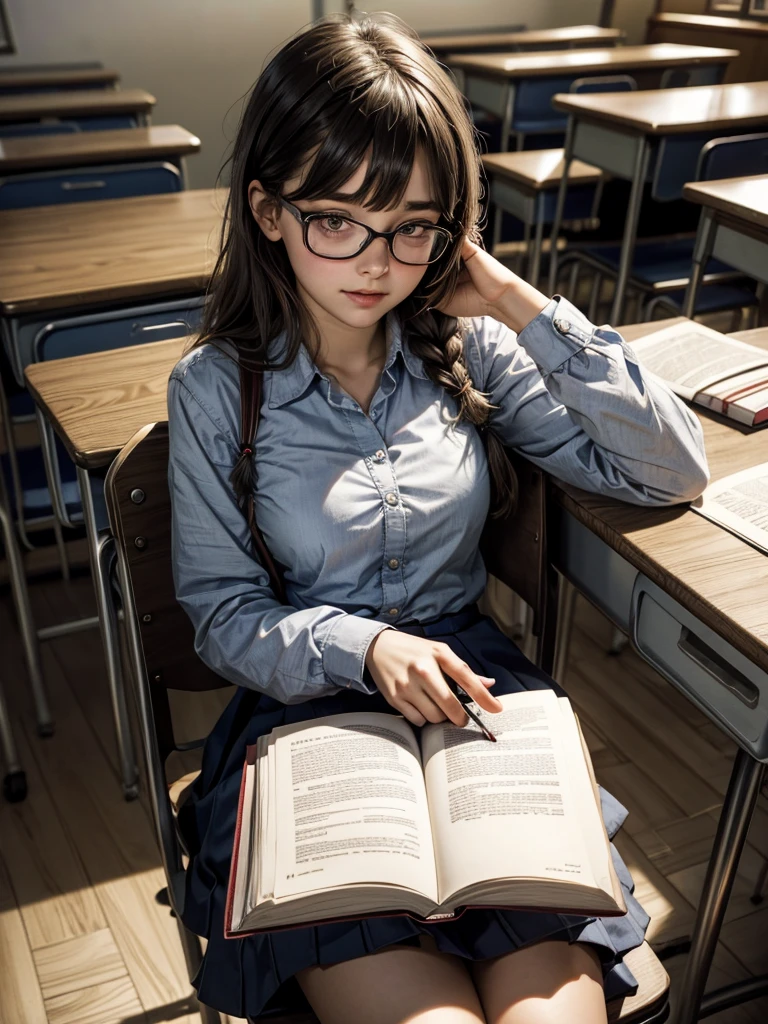 (8k, RAW Photos, Realistic: 1.25), masterpiece, highest quality, Ultra HD, Very beautiful and elegant Japanese woman, 15 years old, i always wear glasses, Beautiful black hair, Beautiful Skin, Slim body, Realisticで詳細な日本の高校の, Sailor suit, Navy Pleated Skirt,Realistic and detailed school library, Reading a book in the library, Random Pause, Perfect Anatomy, Accurate and correct number of fingers