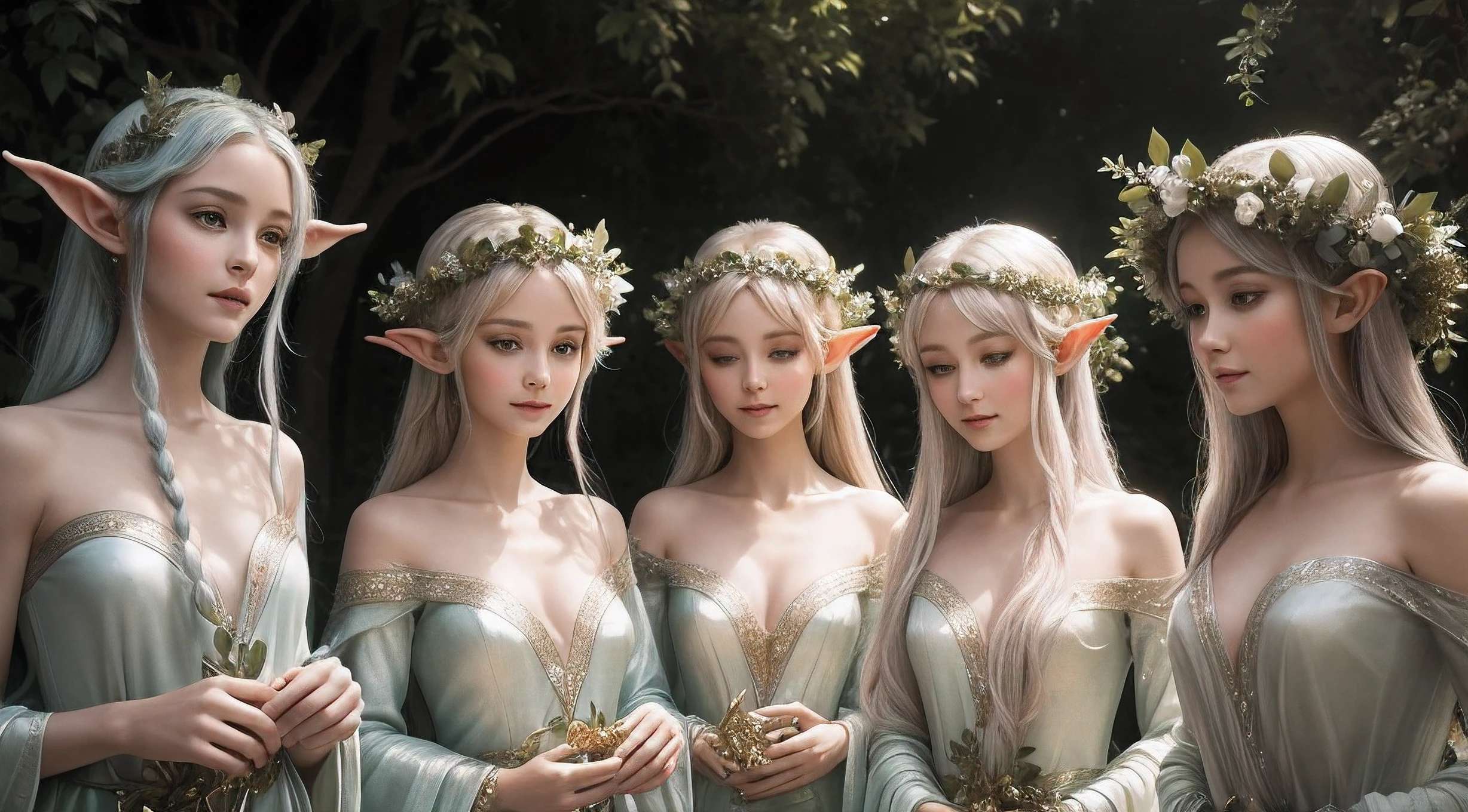 A mesmerizing close-up shot of a group of graceful Elves, their eyes sparkling with magic. They are surrounded by a soft, ethereal glow, giving them an otherworldly quality. The composition should focus on their radiant and serene expressions, capturing their connection to the mystical realm they call home.