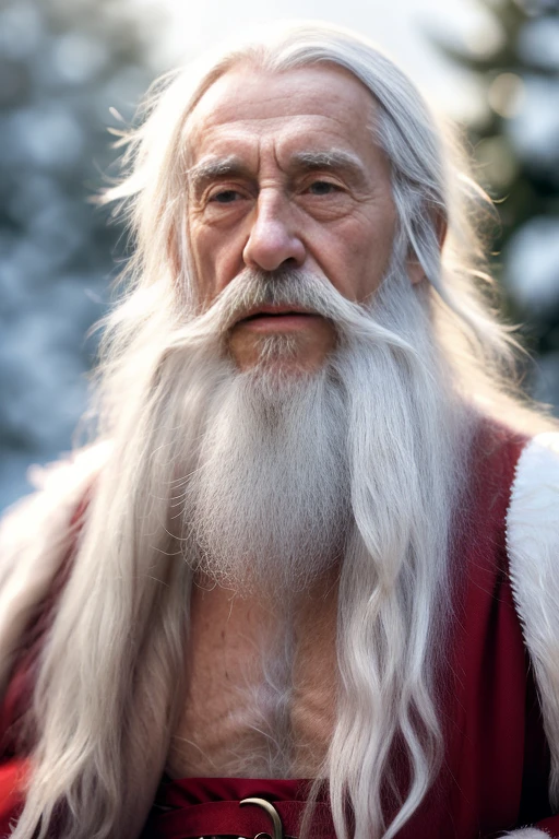 An elder with a long beard and white hair, with a serene face wrinkles, looking producing, body older weak, skinny bones hairy, body naked, naked was open to reveal his stomach wrinkles older hairy weak and chest, arms legs neck hands feet skinny old and weak, Santa Claus hat, gloves and open coat,shy and blushed, Lying in the snow,snow lily,Closed eyes,master-piece,4K images,beste-Qualit