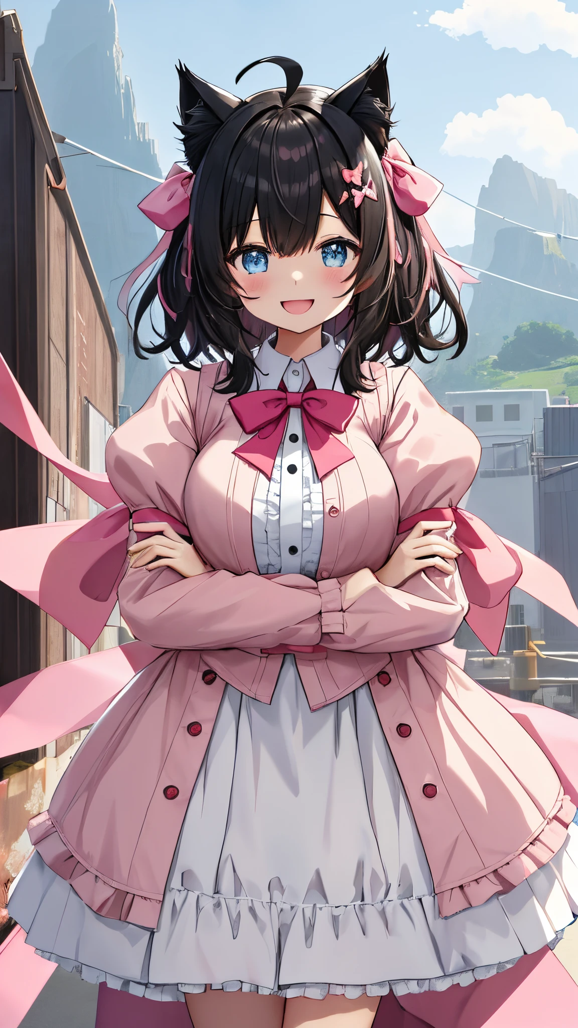 1girl in, Open mouth, Smile, Virtual Youtuber、girl with、((Best Quality, high_resolution, Distinct_image)),(Black hair), (Black cat ears), (Ahoge), (absurdly short hair), (Wavy Hair), (Blue eyes),、A smile、((concept-art))、((View Viewer))。((View of the valley)) bow ribbon、❤、Kamimei、ornament、♡、((pale pink shirt))、a black ribbon、a bow tie、♡、pleatedskirt、bow ribbon 、[[💉]]、garterbelts、((((Arms at sides))))((erect through))、独奏、Girl with 1 person、above knee、White background、symple background、Front-facing。